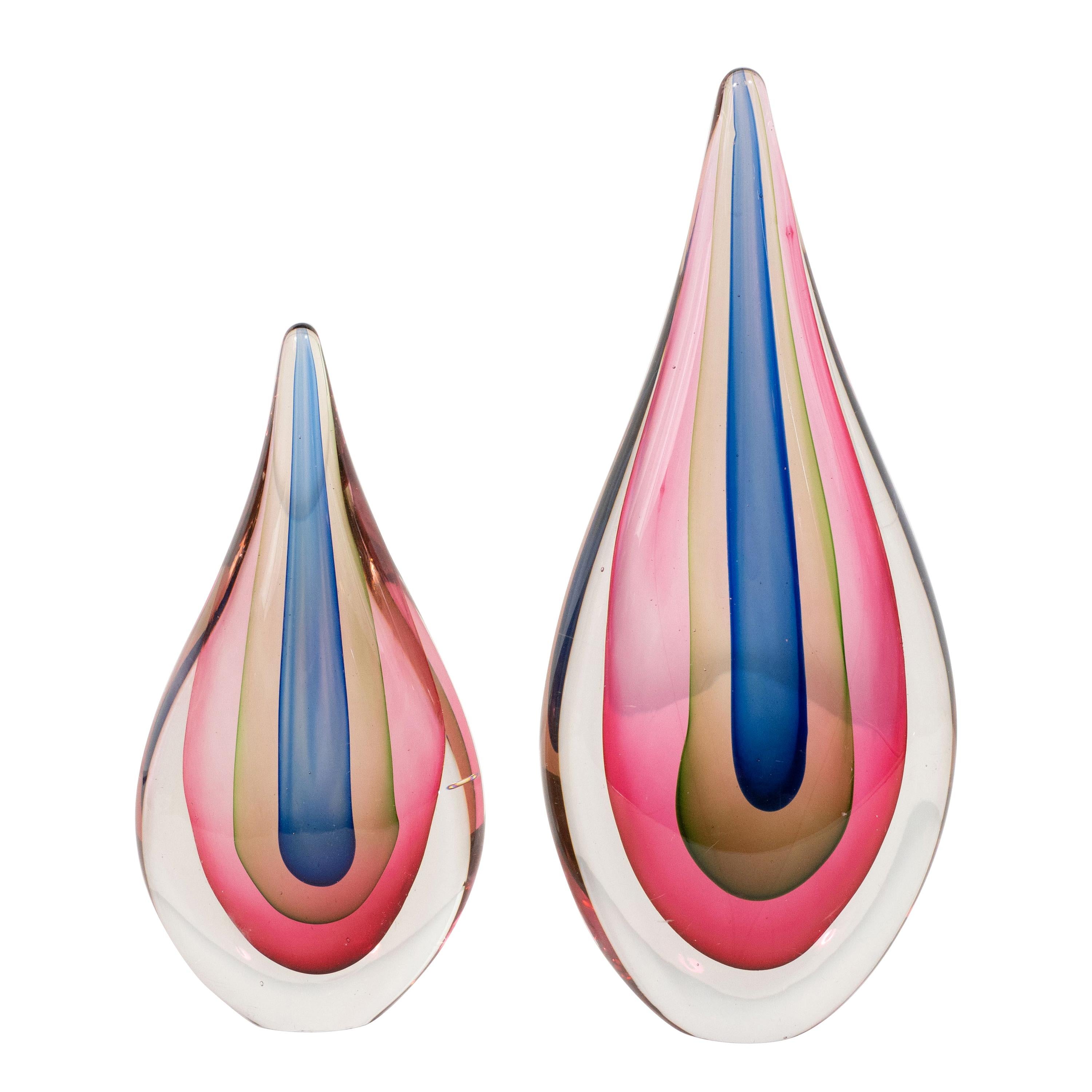 Pair of Mid-Century Modern Sommerso Murano Glass Teardrop Objet D'Arts
