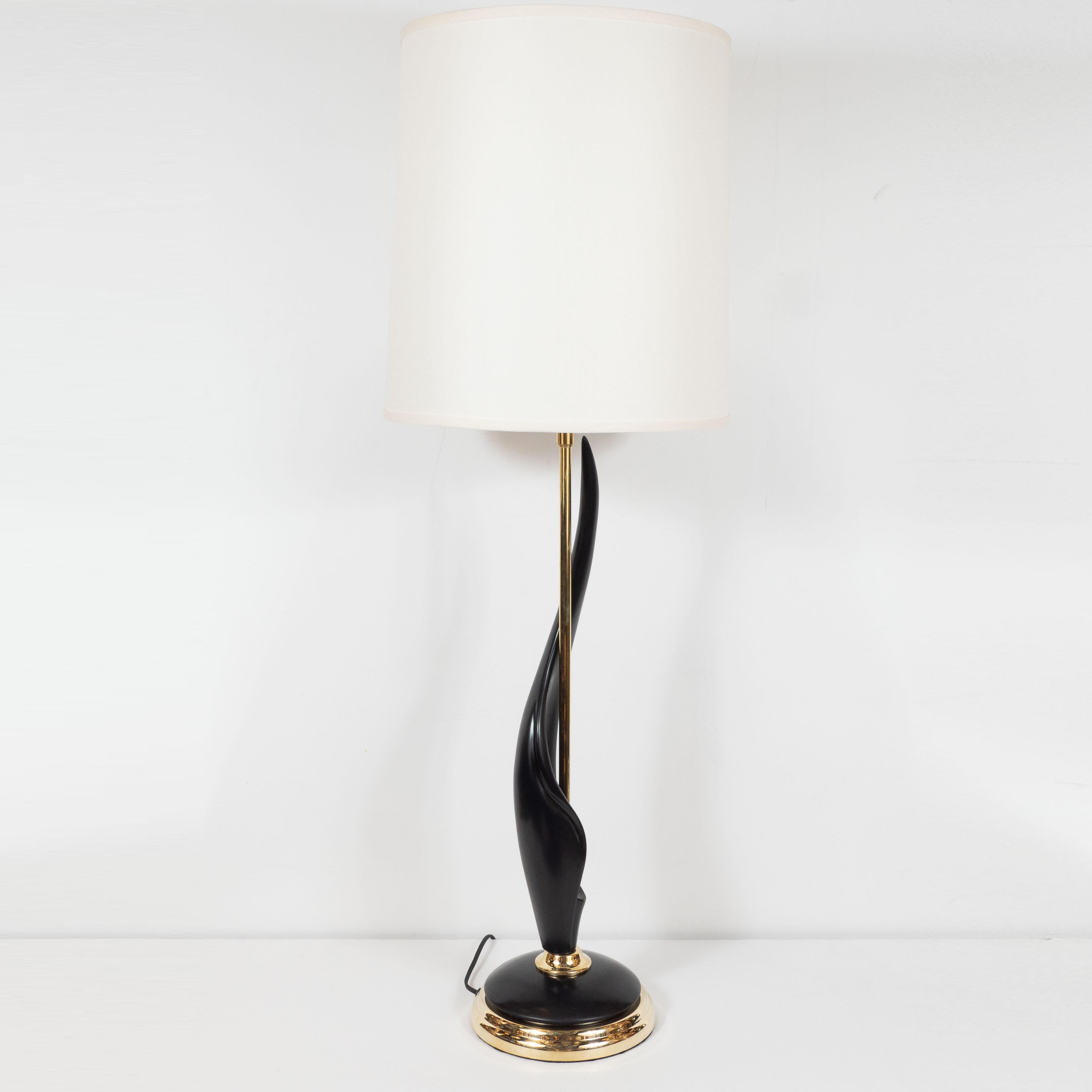 Pair of Mid-Century Modern Spiral Form Ebonized Walnut and Brass Table Lamps 4