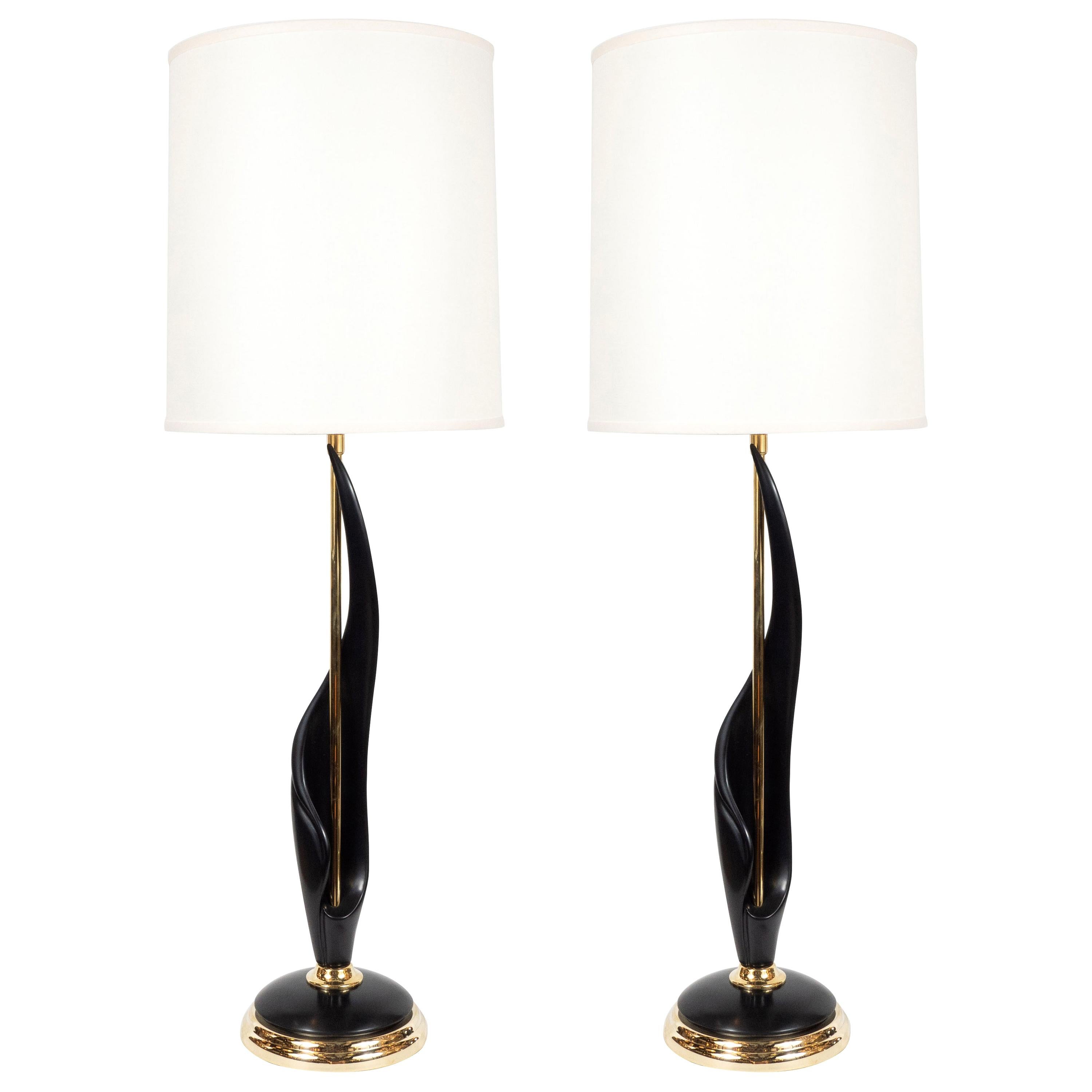 Pair of Mid-Century Modern Spiral Form Ebonized Walnut and Brass Table Lamps