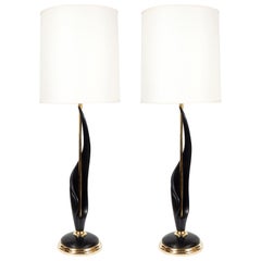Pair of Mid-Century Modern Spiral Form Ebonized Walnut and Brass Table Lamps
