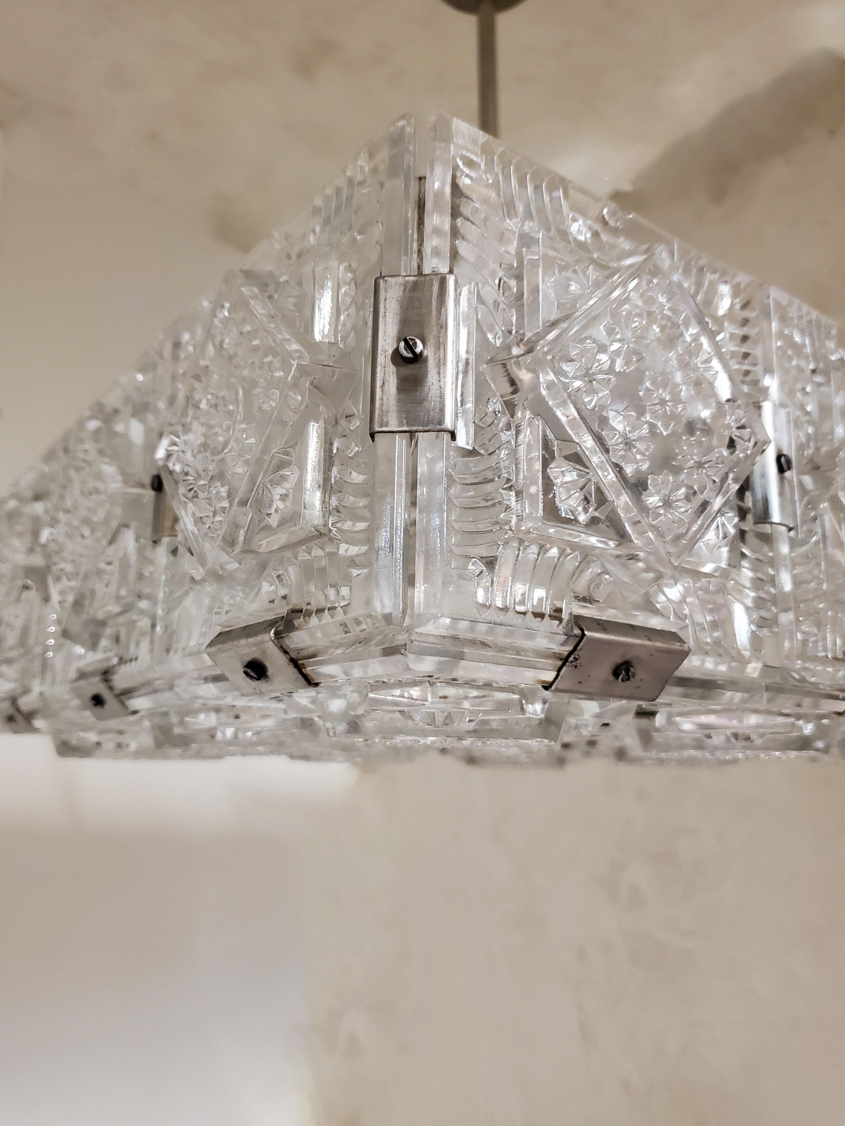 Pair of Mid-Century Modern Square Chandeliers in Glass and Nickel For Sale 5