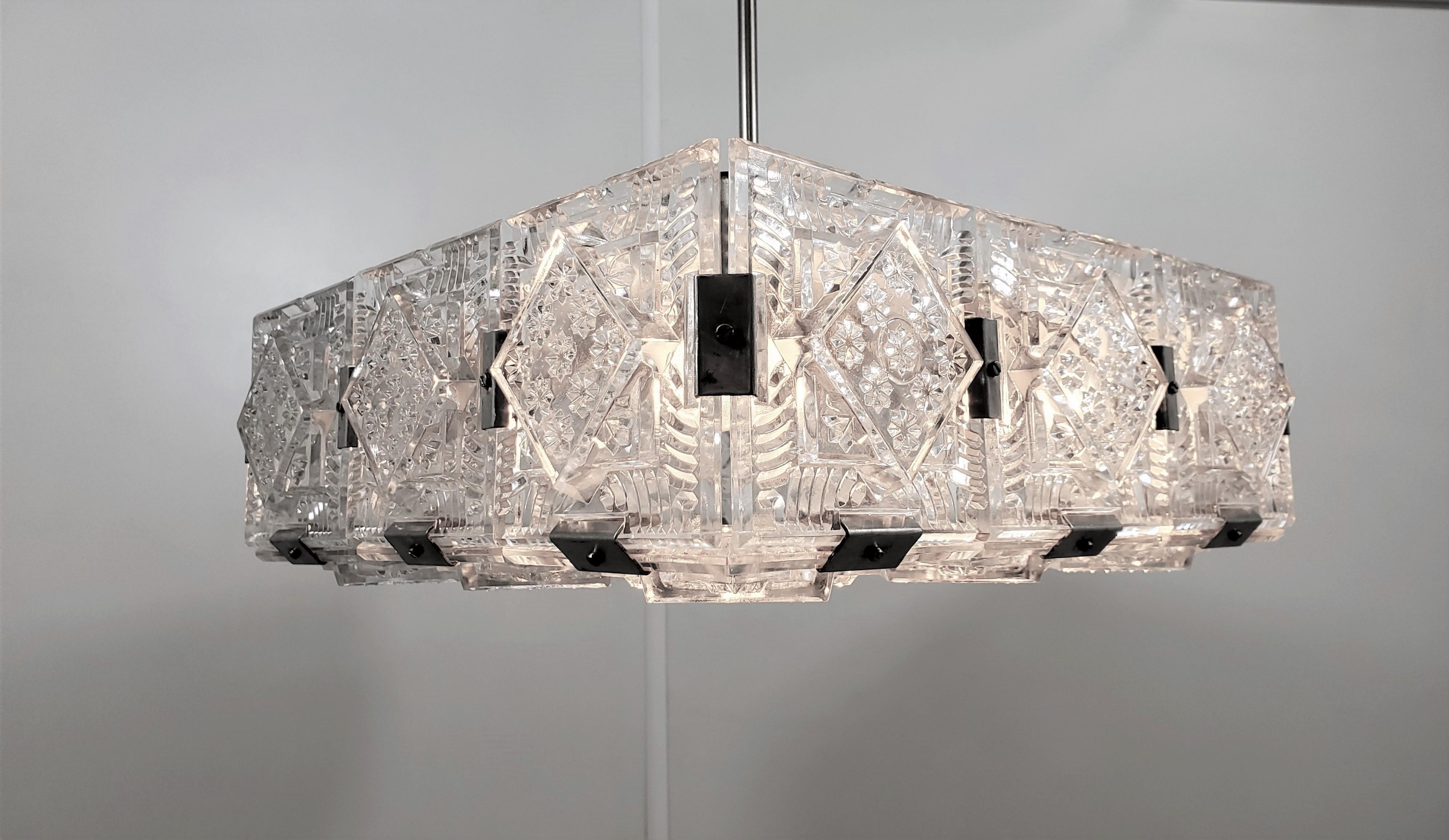 Pair of Mid-Century Modern Square Chandeliers in Glass and Nickel For Sale 6