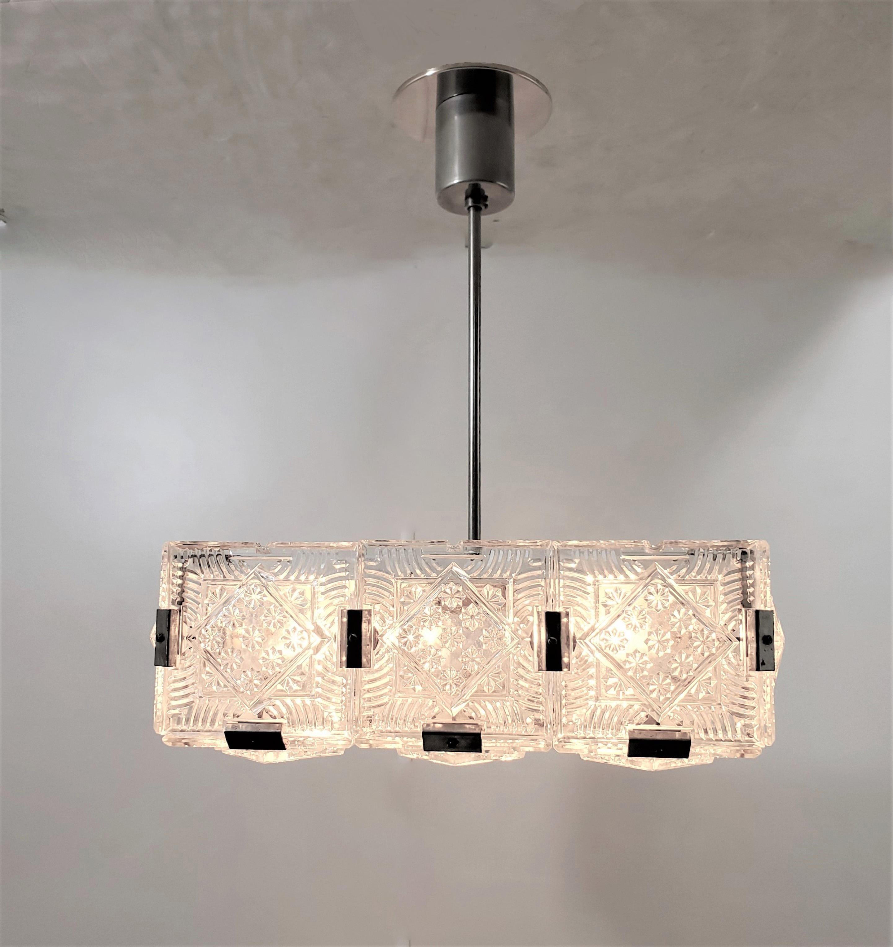 German Pair of Mid-Century Modern Square Chandeliers in Glass and Nickel For Sale