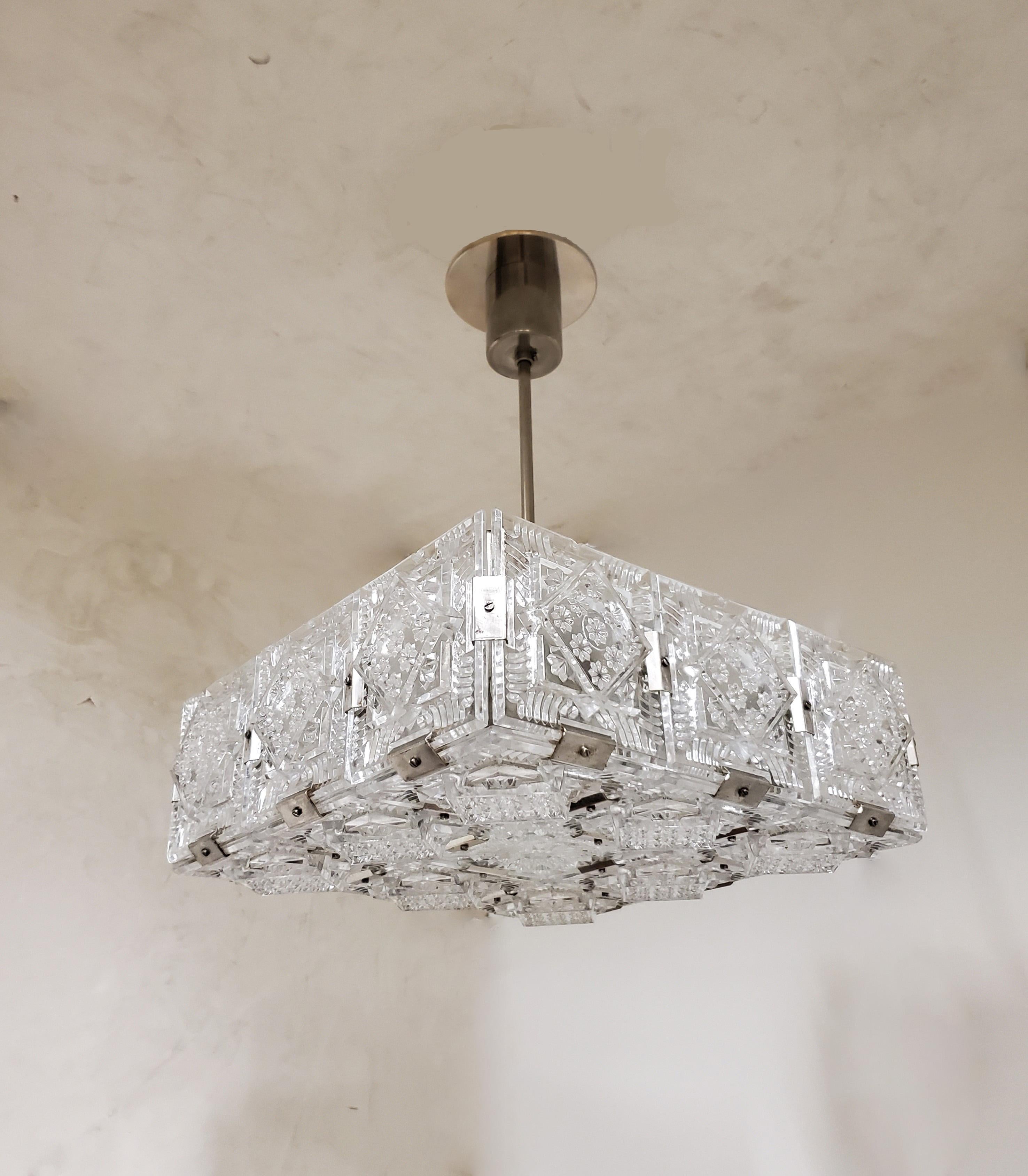 Pair of Mid-Century Modern Square Chandeliers in Glass and Nickel For Sale 3