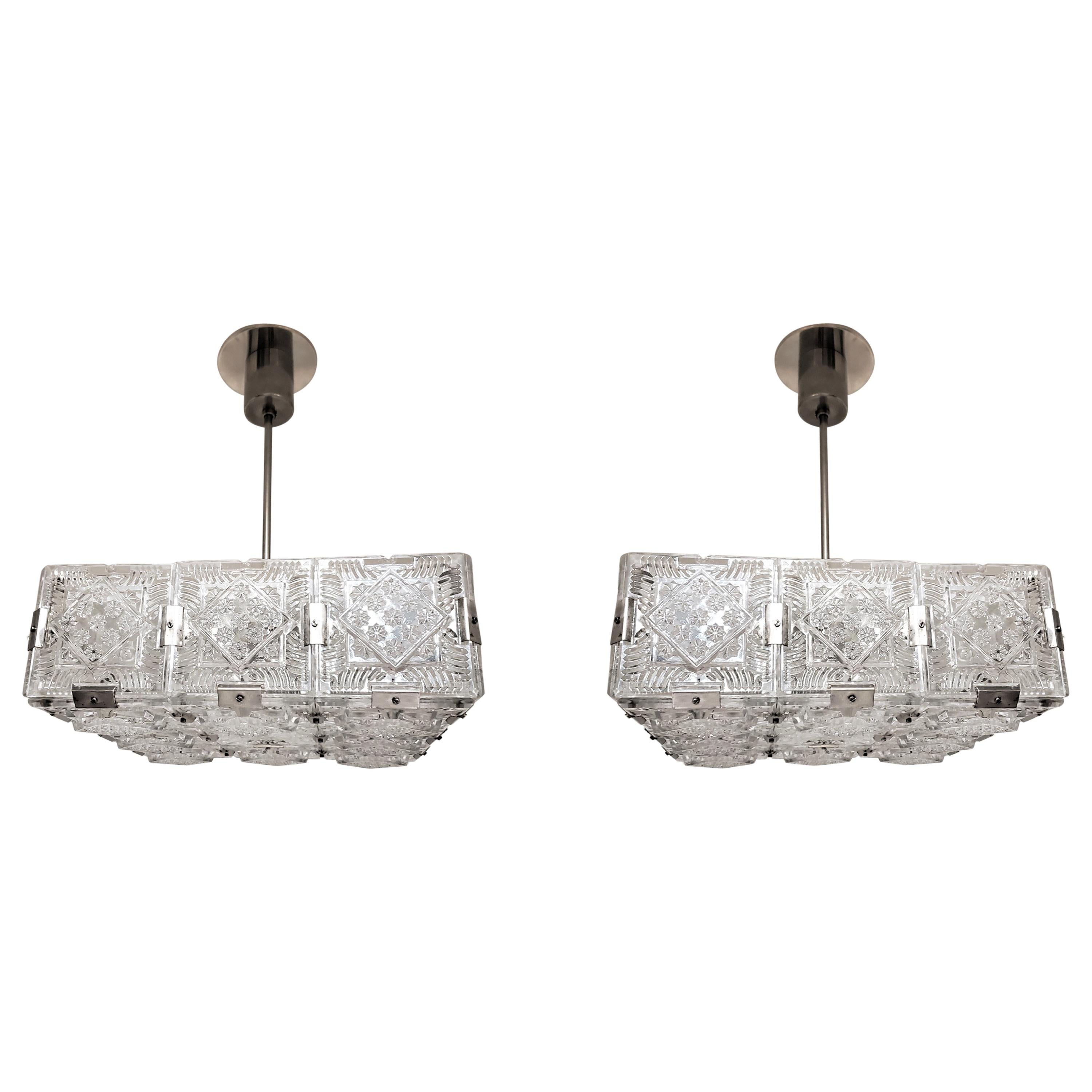 Pair of Mid-Century Modern Square Chandeliers in Glass and Nickel For Sale