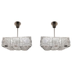 Pair of Mid-Century Modern Square Chandeliers in Glass and Nickel