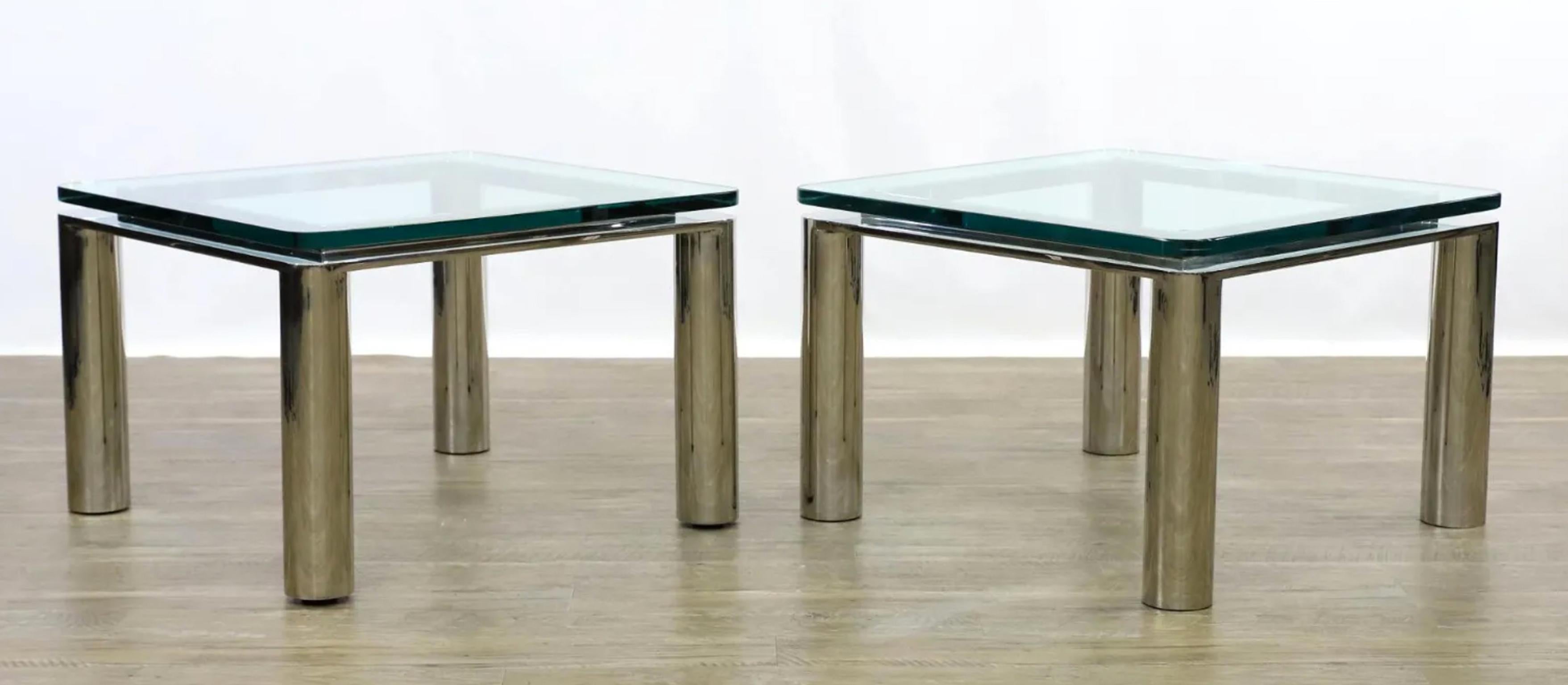 Pair of Mid-Century Modern Square thick clear Glass and Chrome Tube side Tables. Very high quality metal fabrication with chrome plating bases with 3/4