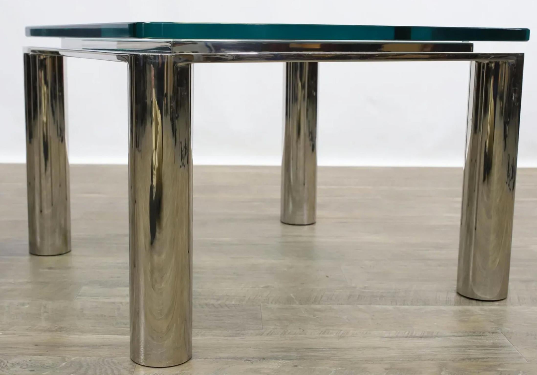 Mid-Century Modern Pair of Mid Century Modern Square Glass and Chrome Tube Side Tables For Sale