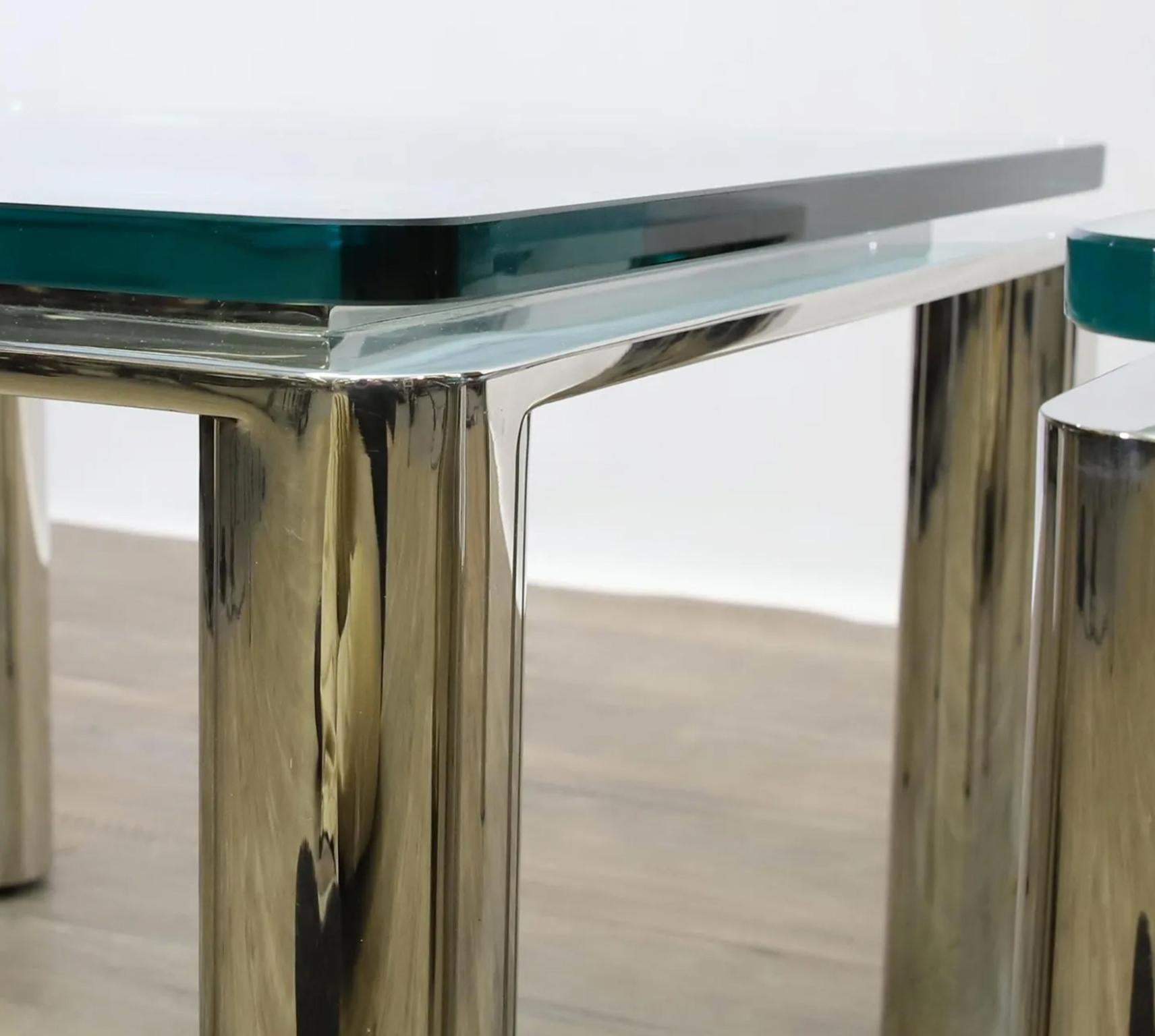 American Pair of Mid Century Modern Square Glass and Chrome Tube Side Tables For Sale