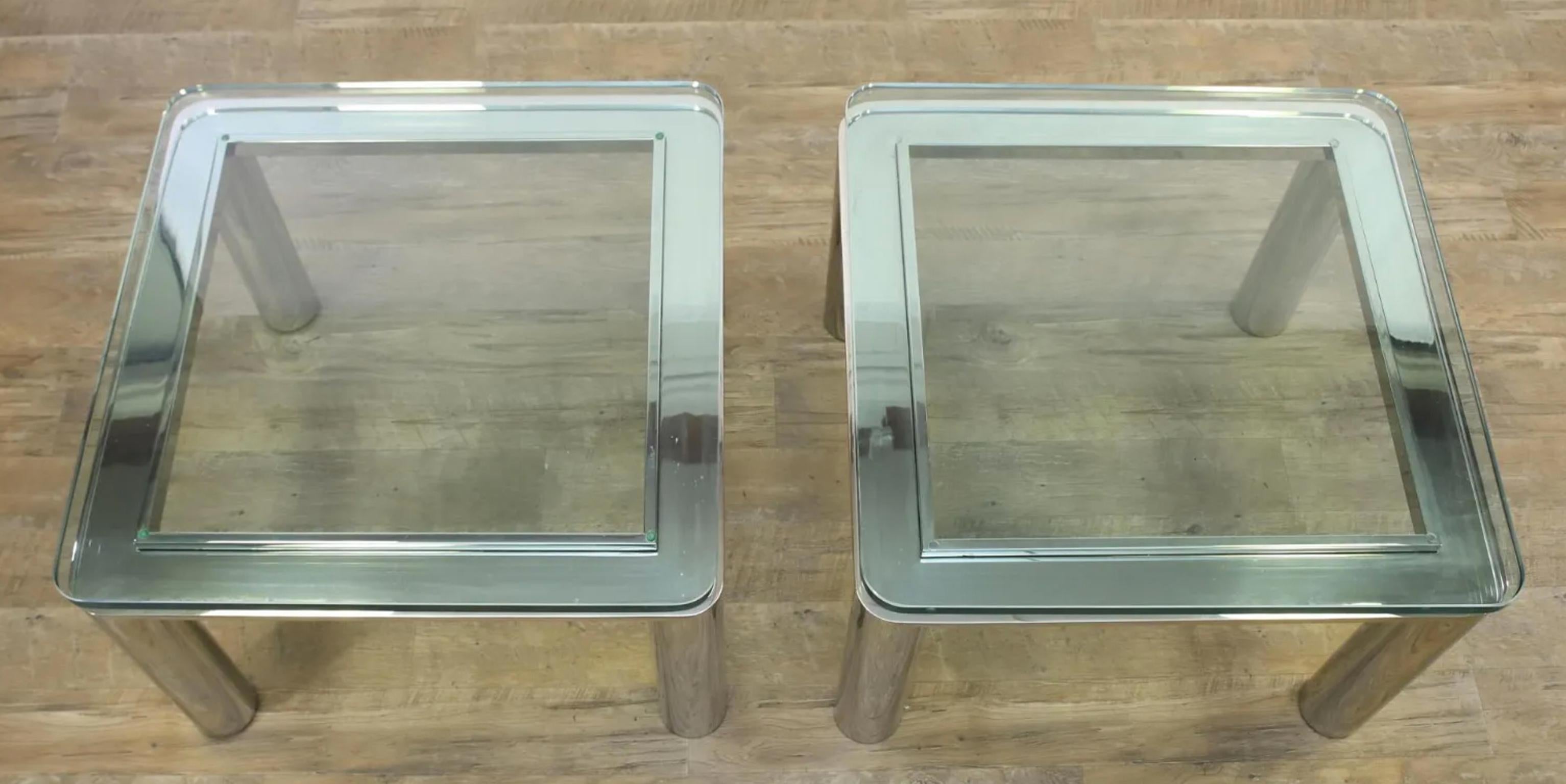 Pair of Mid Century Modern Square Glass and Chrome Tube Side Tables For Sale 1