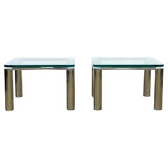 Pair of Mid Century Modern Square Glass and Chrome Tube Side Tables
