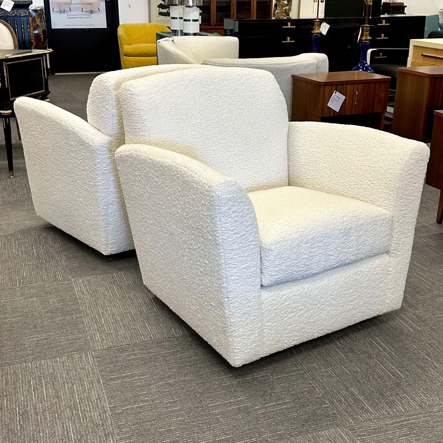 Pair of Mid-Century Modern Square White Boucle Rocking Lounge / Swivel Chairs For Sale 6