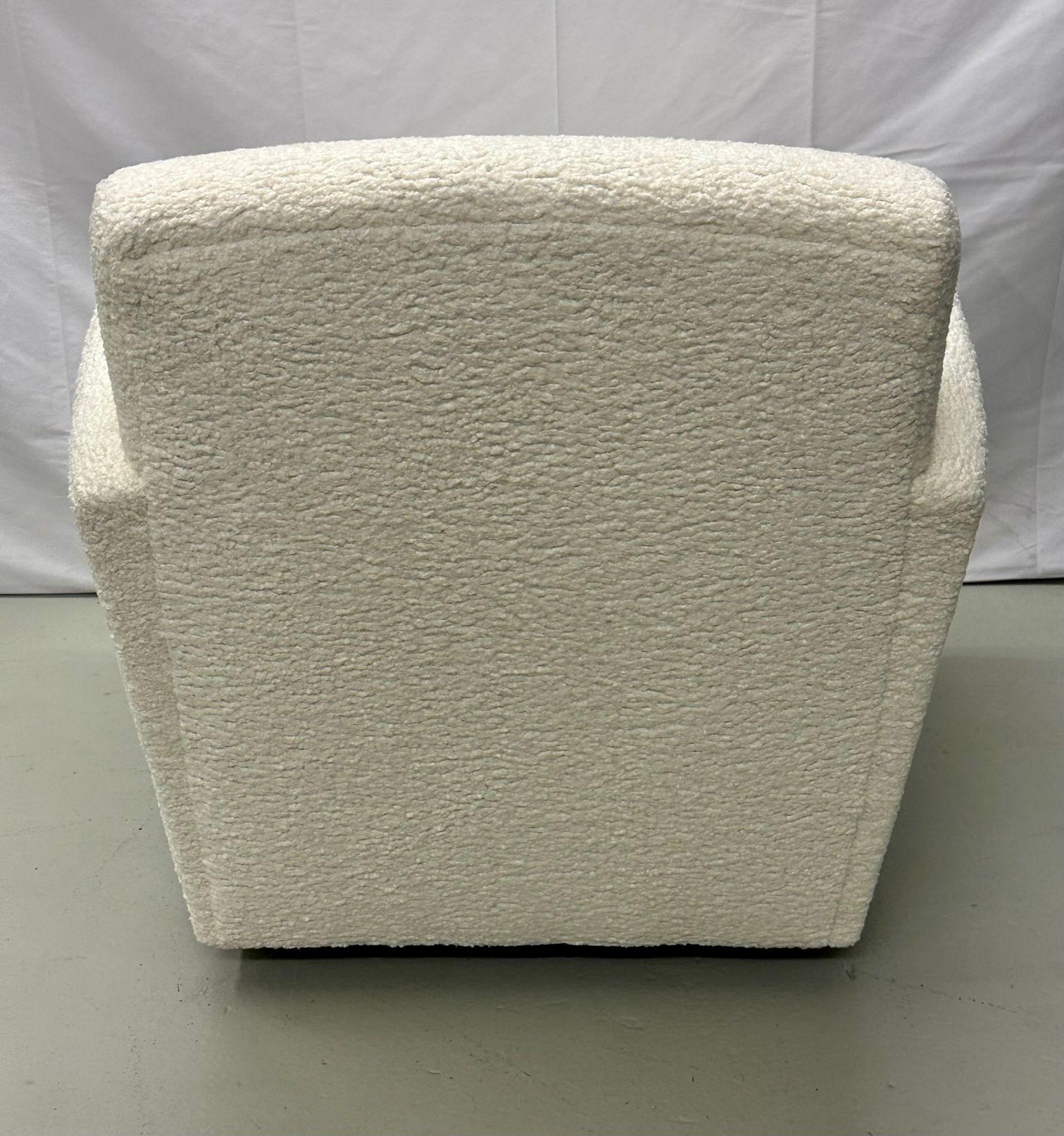Pair of Mid-Century Modern Square White Boucle Rocking Lounge / Swivel Chairs For Sale 7