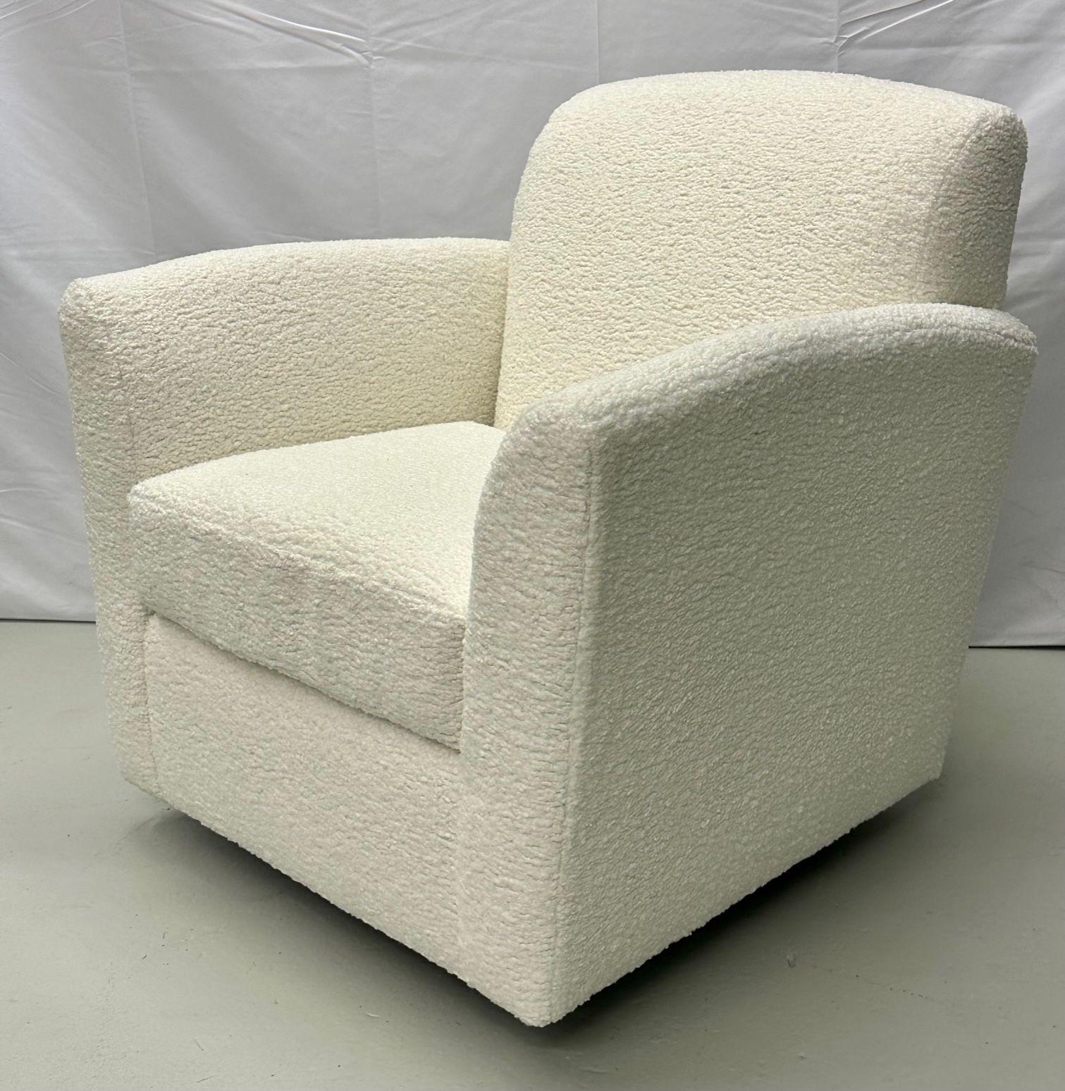 Pair of Mid-Century Modern Square White Boucle Rocking Lounge / Swivel Chairs For Sale 8