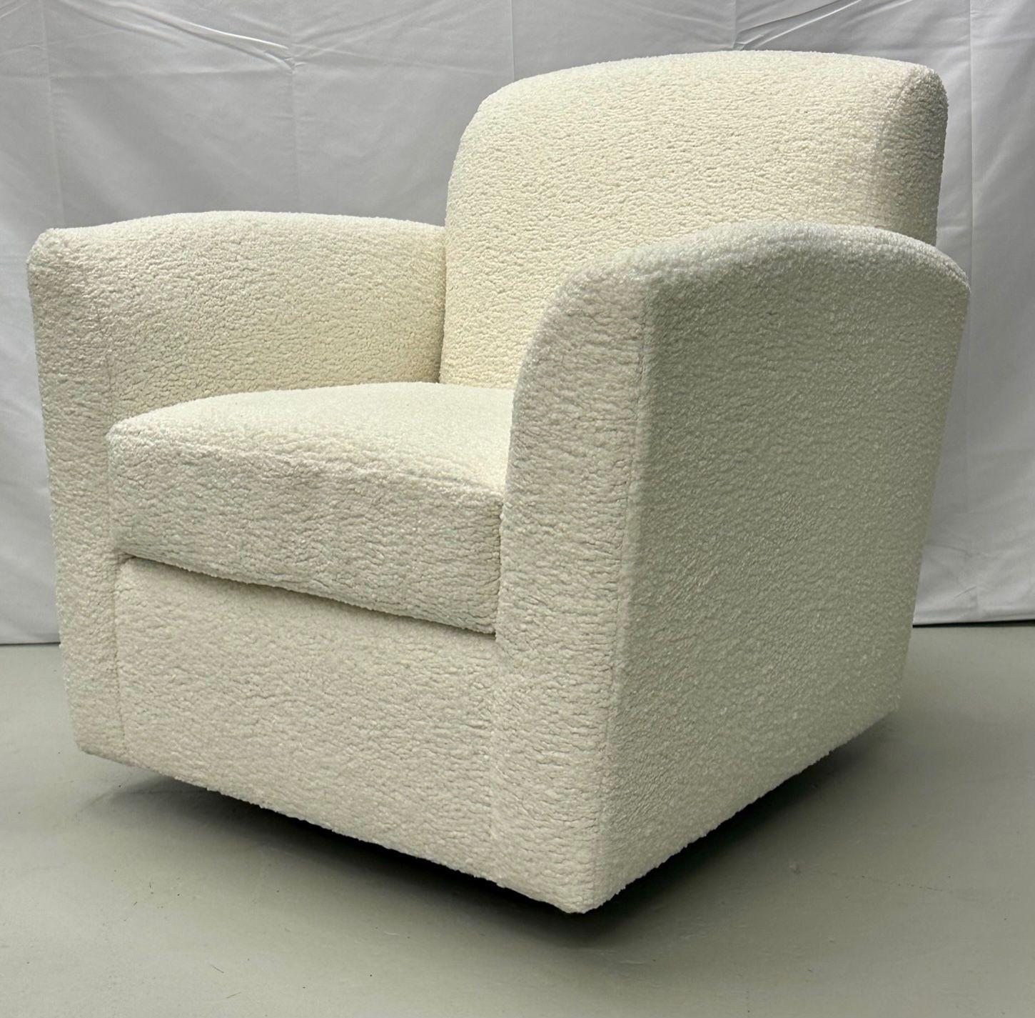 Pair of Mid-Century Modern Square White Boucle Rocking Lounge / Swivel Chairs For Sale 10