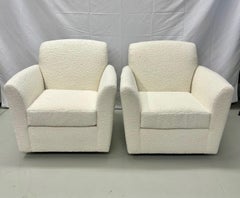 Pair of Mid-Century Modern Square White Boucle Rocking Lounge / Swivel Chairs