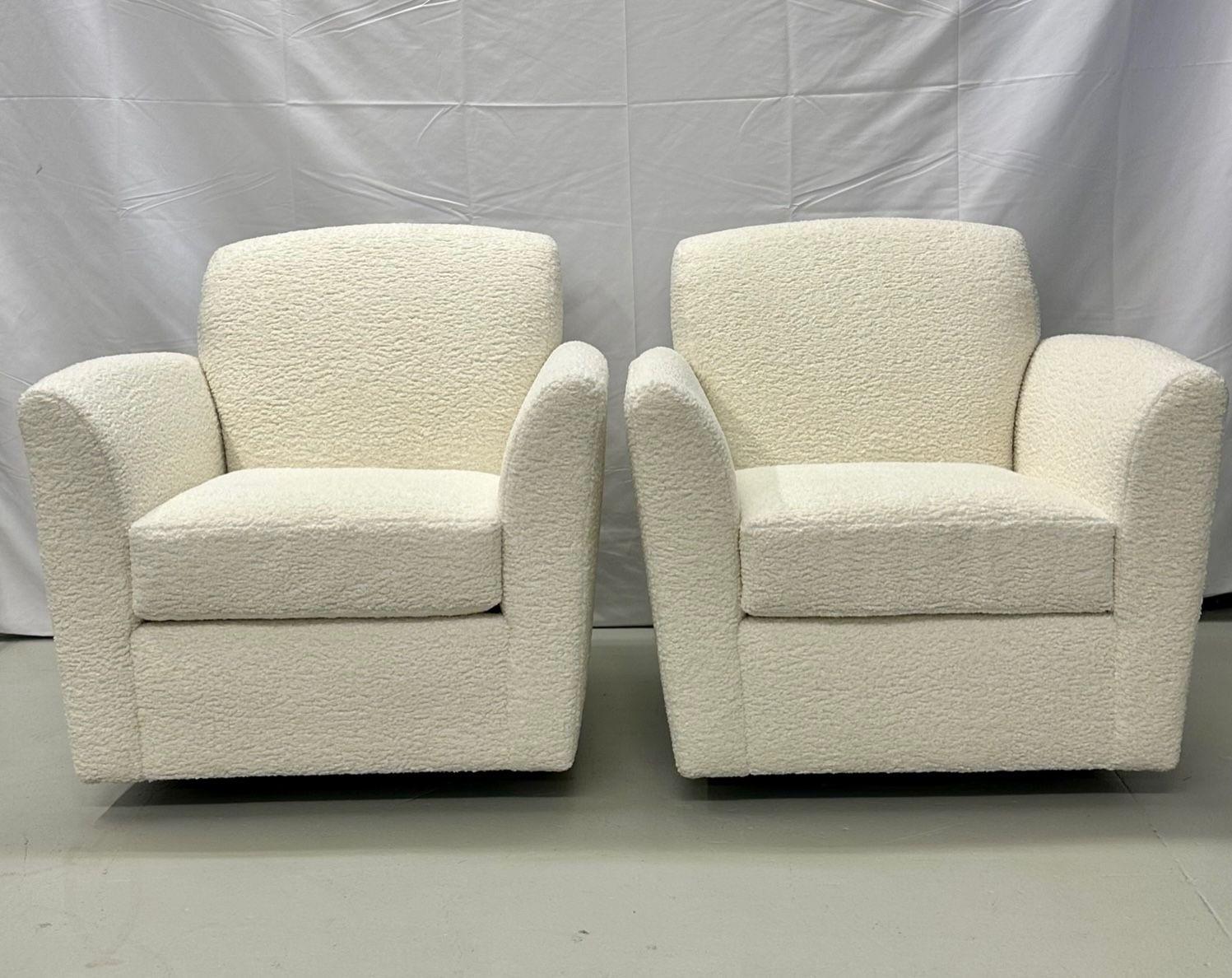 Pair of Mid-Century Modern Square White Boucle Rocking Lounge / Swivel Chairs In Good Condition For Sale In Stamford, CT
