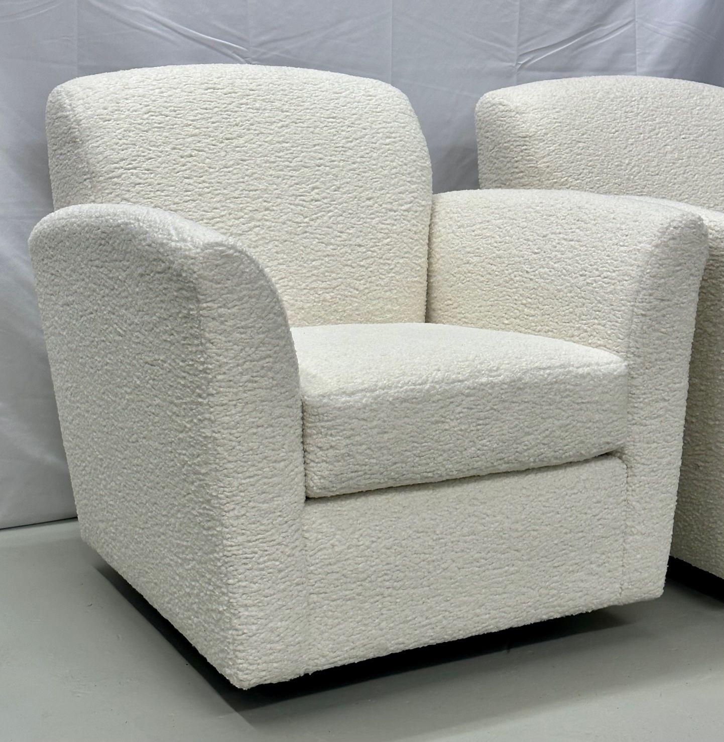 Pair of Mid-Century Modern Square White Boucle Rocking Lounge / Swivel Chairs For Sale 1