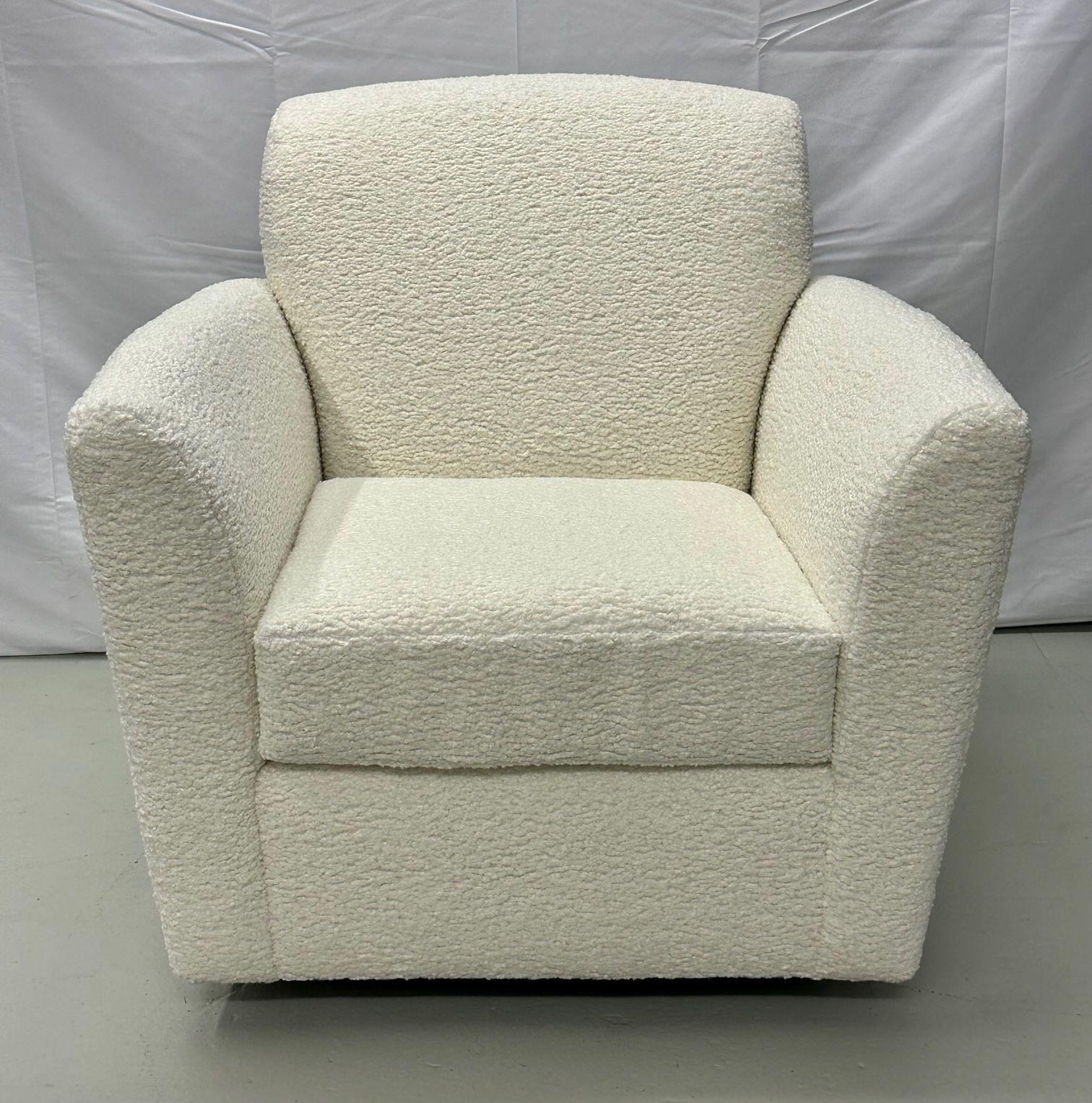 Pair of Mid-Century Modern Square White Boucle Rocking Lounge / Swivel Chairs For Sale 2