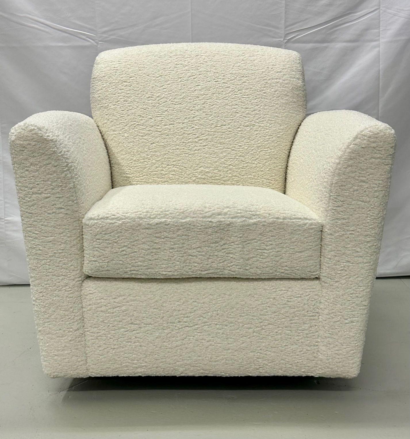 Pair of Mid-Century Modern Square White Boucle Rocking Lounge / Swivel Chairs For Sale 3