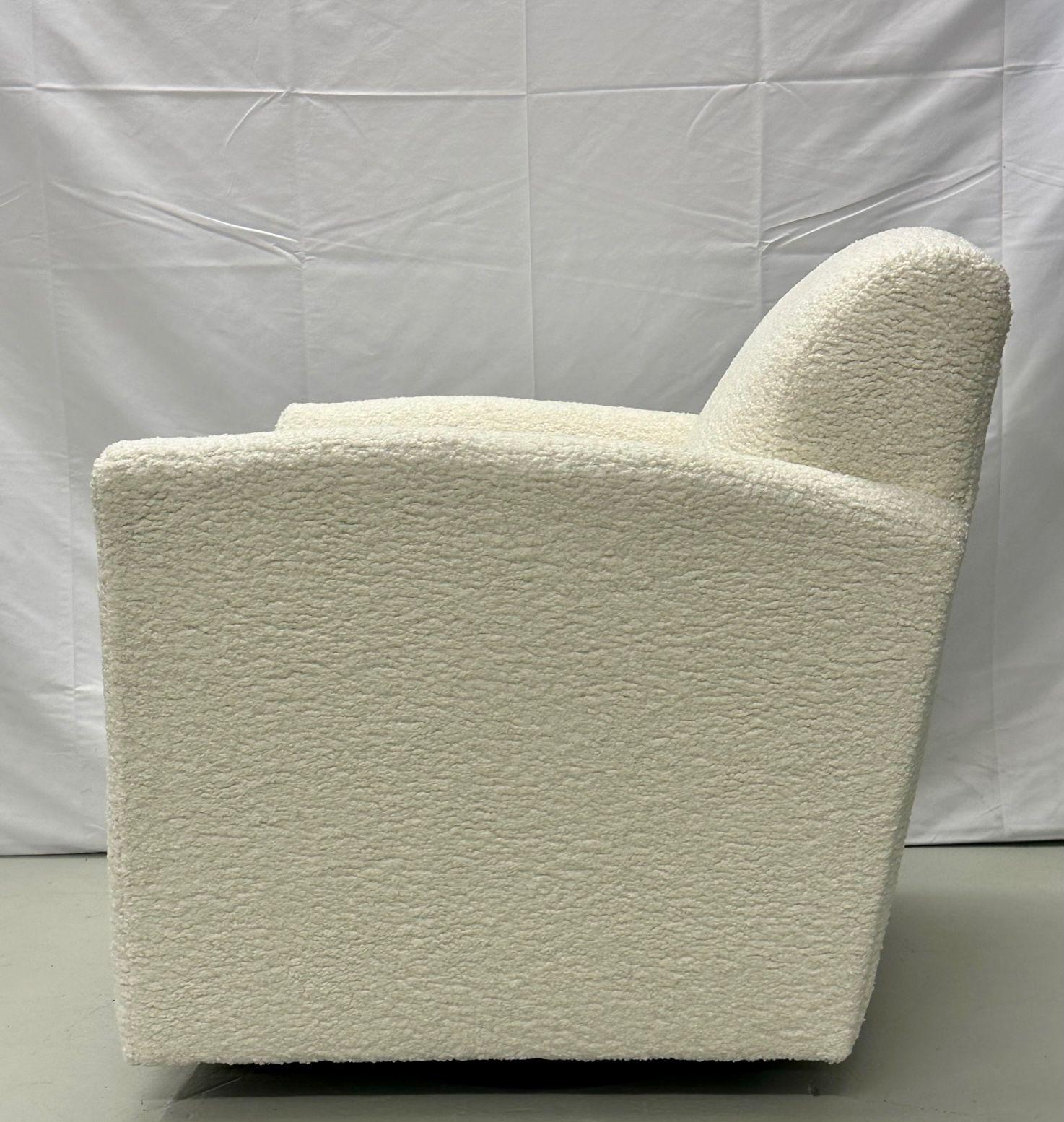 Pair of Mid-Century Modern Square White Boucle Rocking Lounge / Swivel Chairs For Sale 4