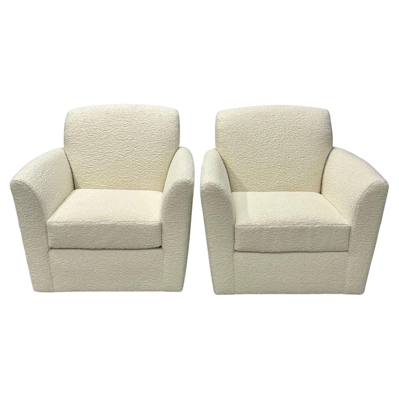 Pair of Mid-Century Modern Square White Boucle Rocking Lounge / Swivel Chairs For Sale