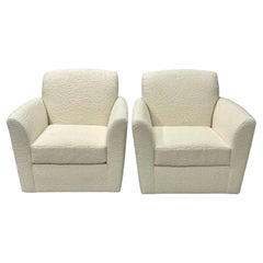 Pair of Mid-Century Modern Square White Boucle Rocking Lounge / Swivel Chairs