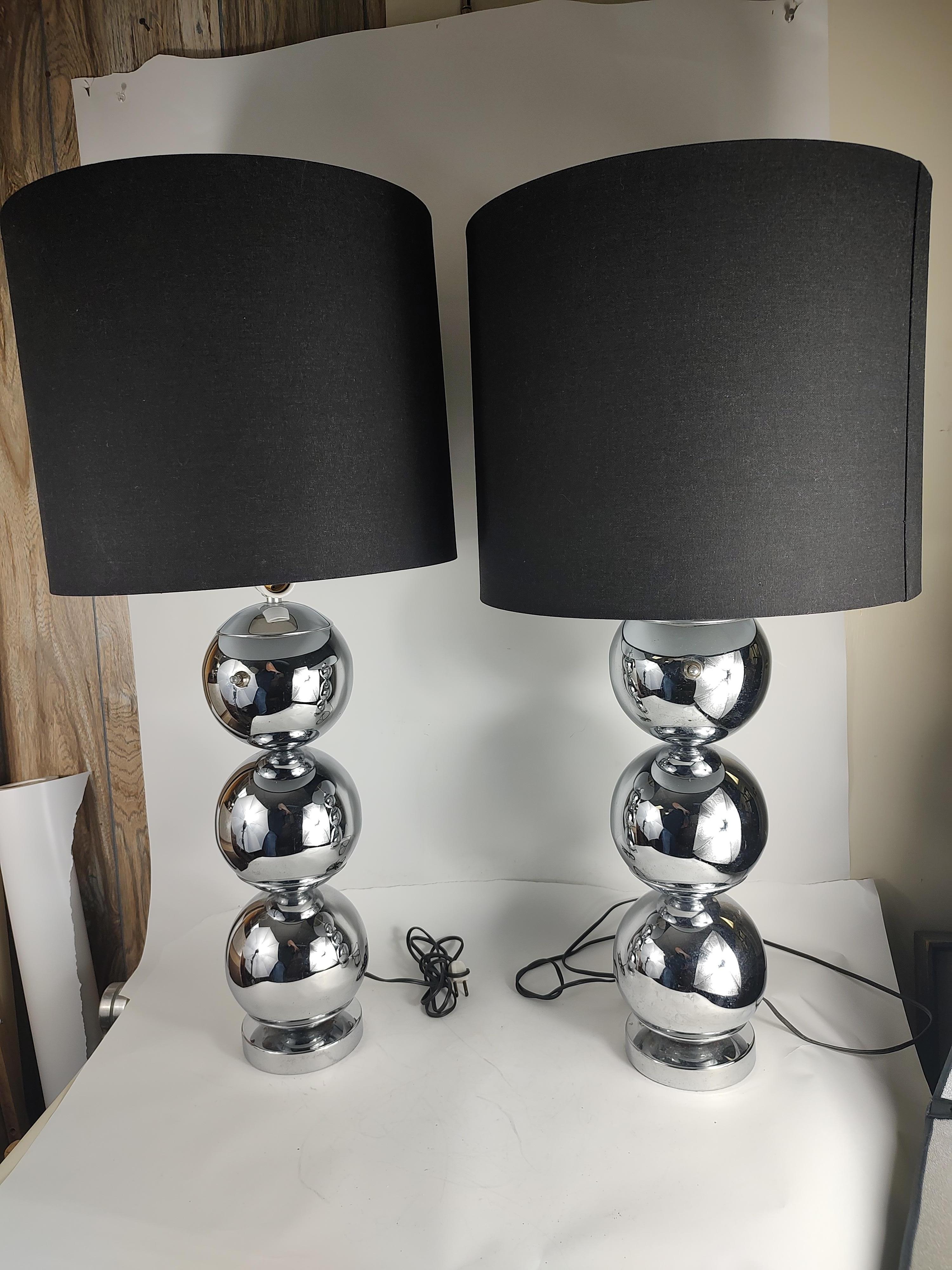 American Pair of Mid-Century Modern Stacked Ball Table Lamps with New RH Shades For Sale