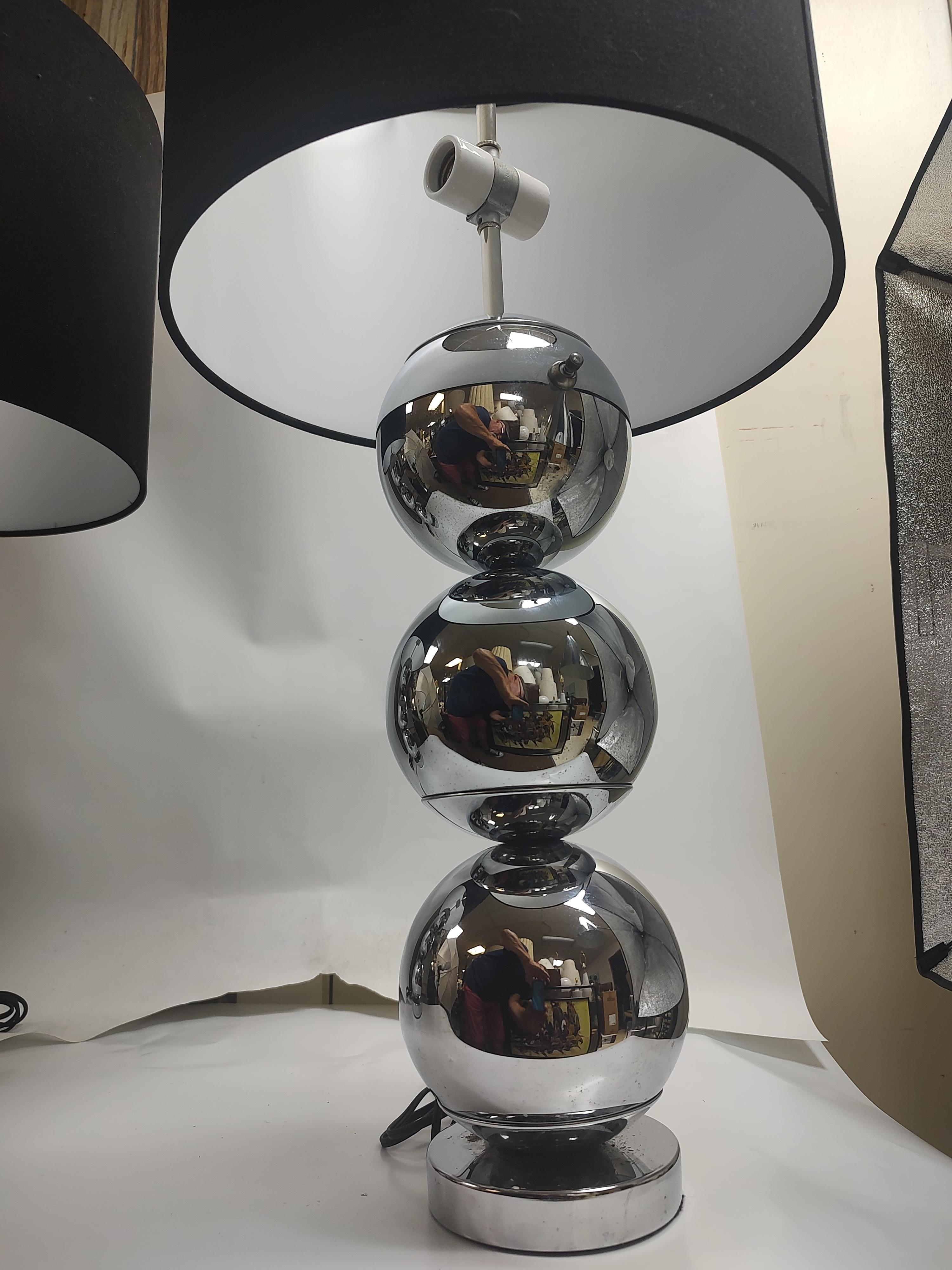Pair of Mid-Century Modern Stacked Ball Table Lamps with New RH Shades For Sale 1