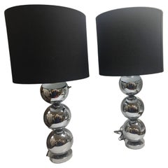 Vintage Pair of Mid-Century Modern Stacked Ball Table Lamps with New RH Shades