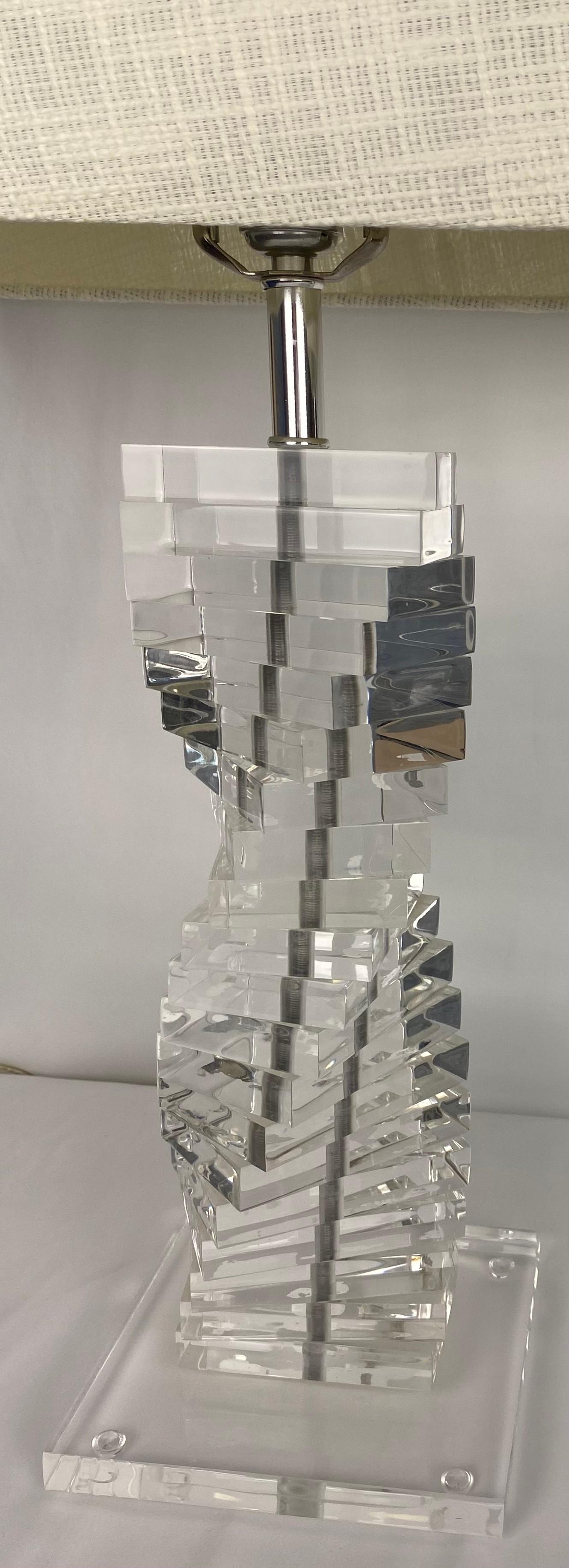 American Karl Springer Pair of Stacked Clear Lucite Lamps Spiral Staircase Design