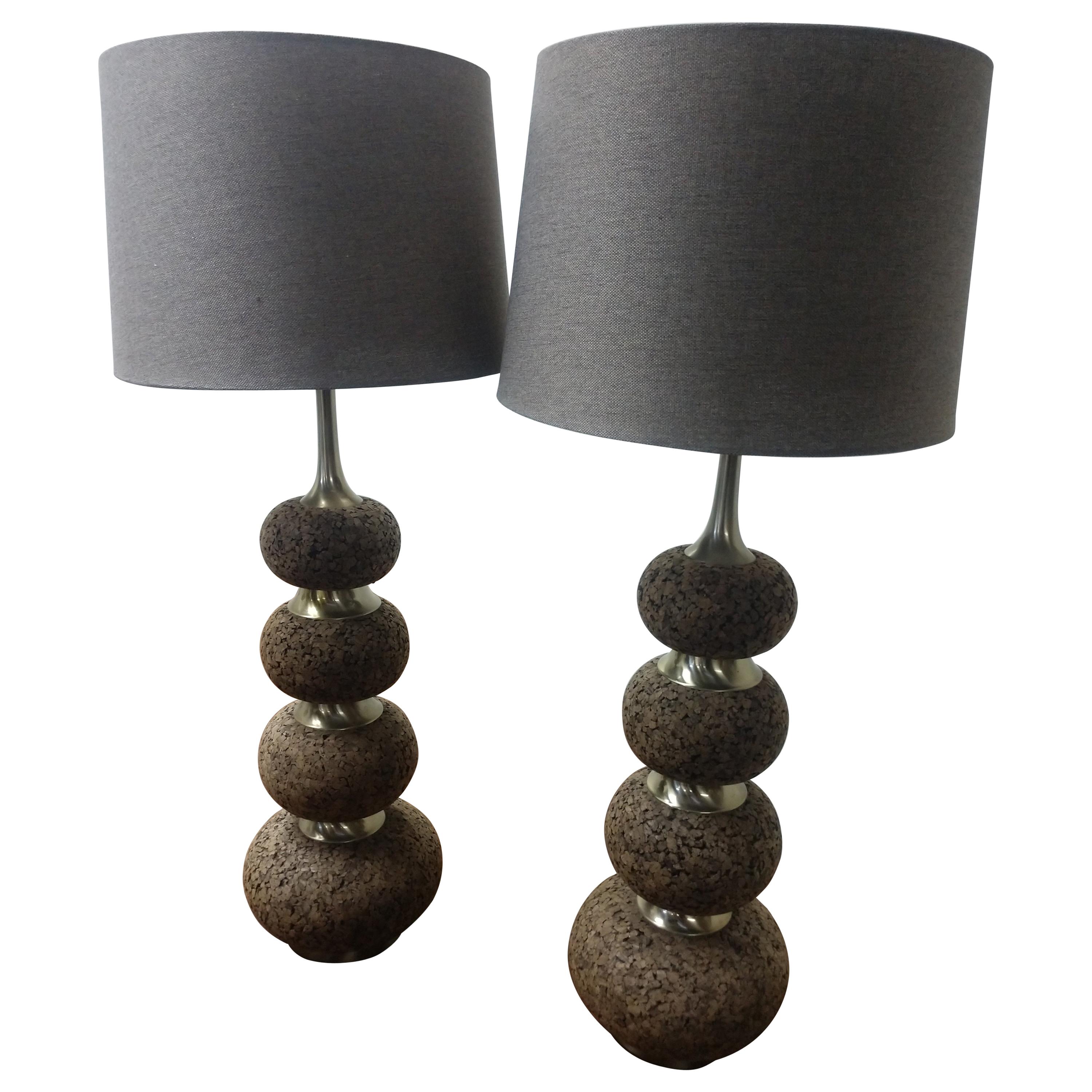 Pair of Mid-Century Modern Stacked Cork with Chrome Table Lamps
