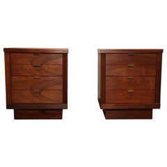 Pair of Mid-Century Modern Stained Mahogany and Brass Two-Drawer Nightstands