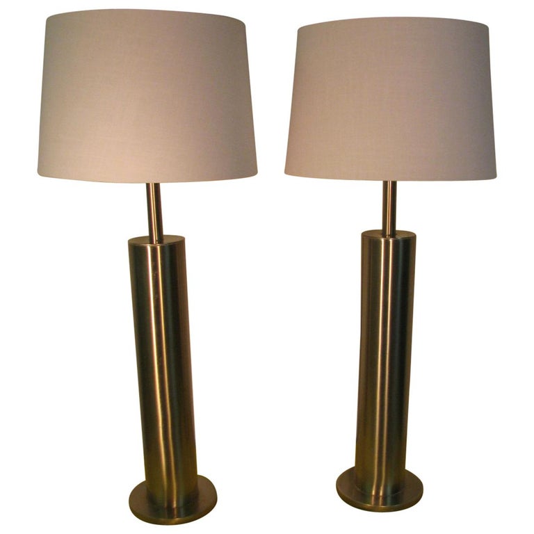 Pair of MidCentury Modern Stainless Steel Cylindrical Table Lamps For