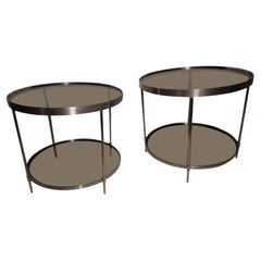 Pair of Mid Century Modern Stainless Steel Round End Tables with Smoked Glass