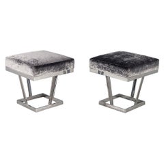 Pair of Mid-Century Modern Stainless Steel Velvet Ottoman Stools