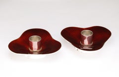 Pair of Mid-Century Modern Sterling Silver and Bright Red Enamel Candlesticks