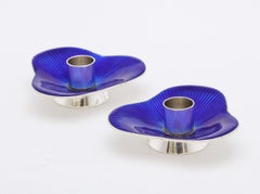 Pair of Mid-Century Modern Sterling Silver and Cobalt Blue Enamel Candlesticks