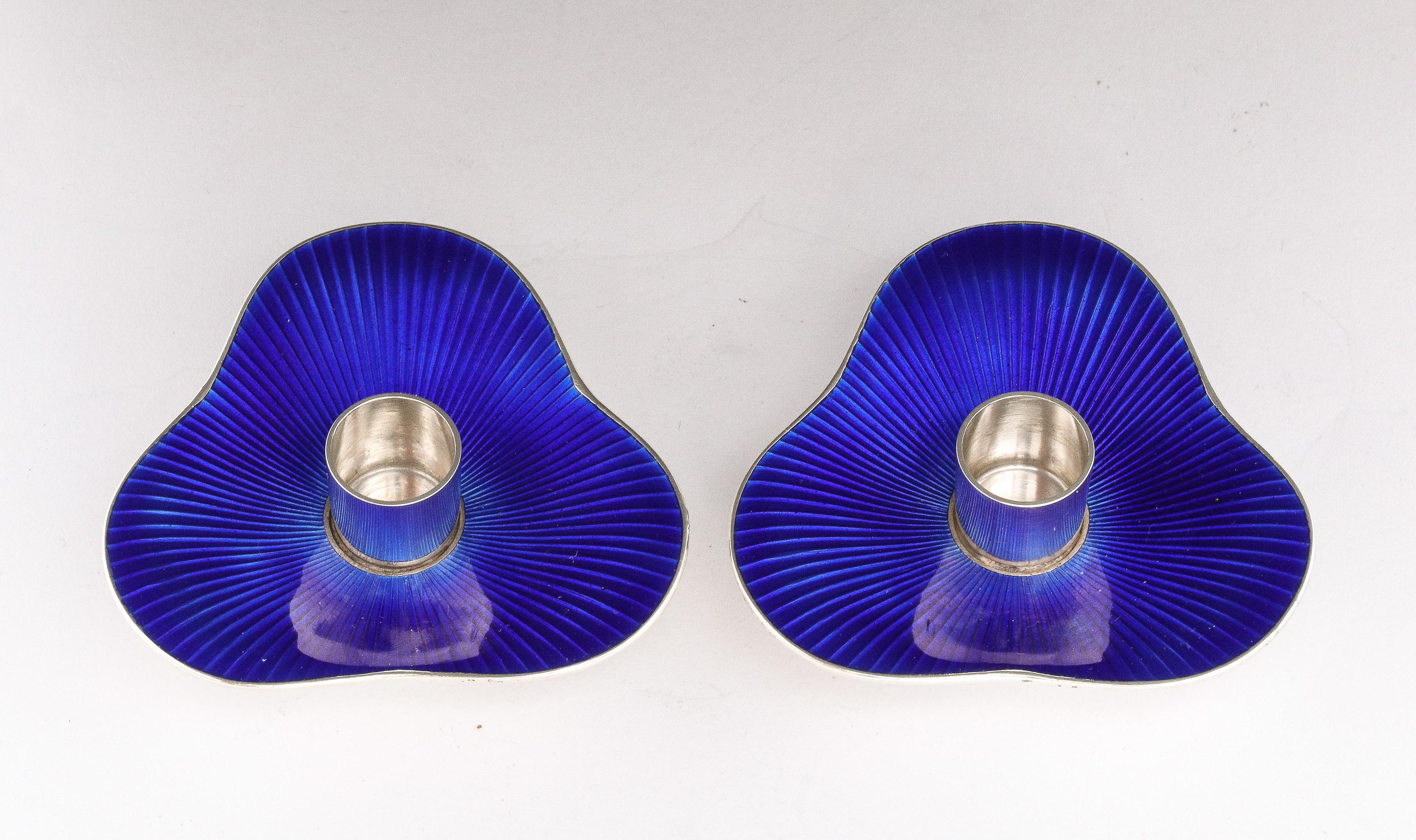 Danish Pair of Mid-Century Modern Sterling Silver and Cobalt Blue Enamel Candlesticks