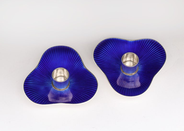 Mid-20th Century Pair of Mid-Century Modern Sterling Silver and Cobalt Blue Enamel Candlesticks For Sale