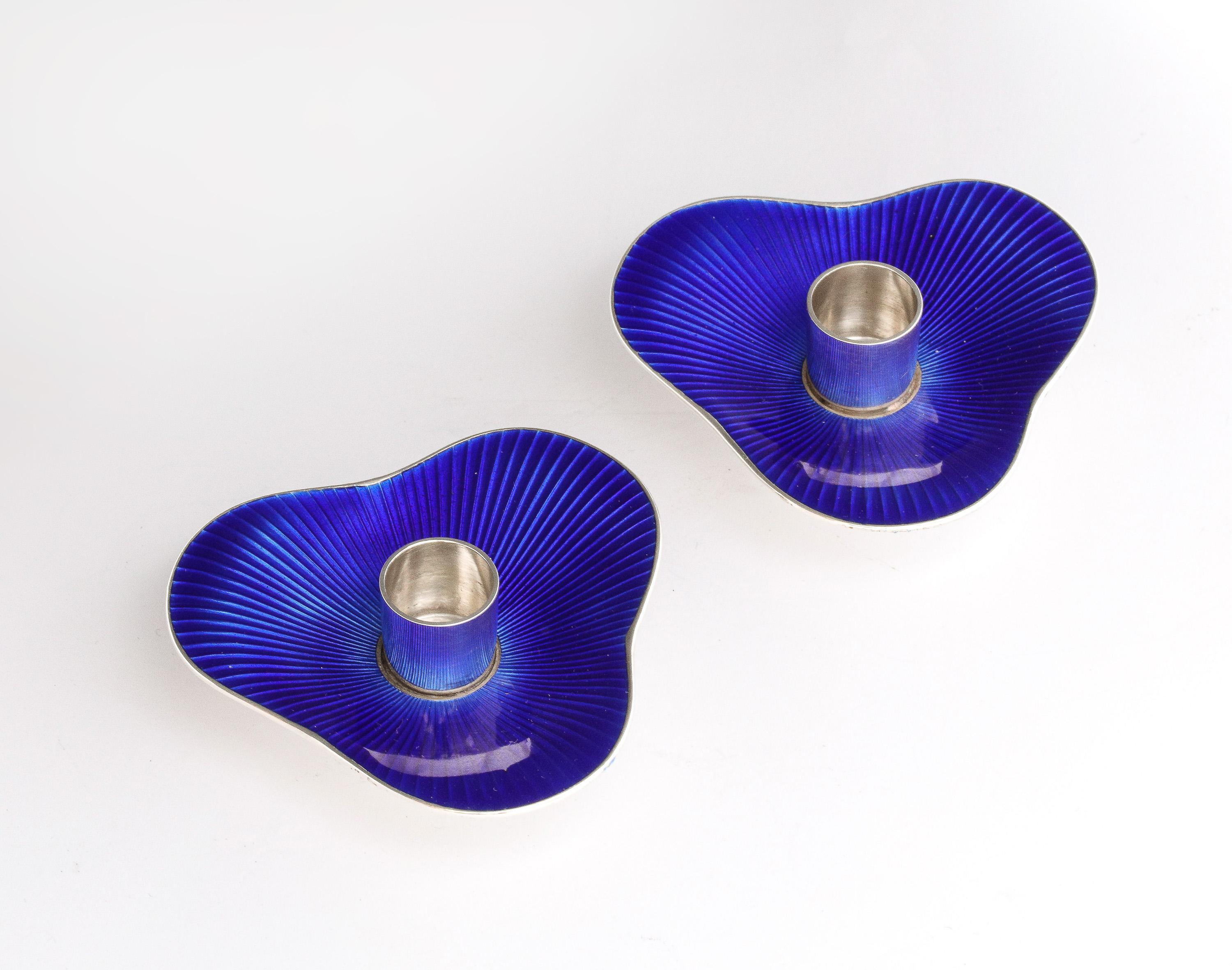 Pair of Mid-Century Modern Sterling Silver and Cobalt Blue Enamel Candlesticks 1