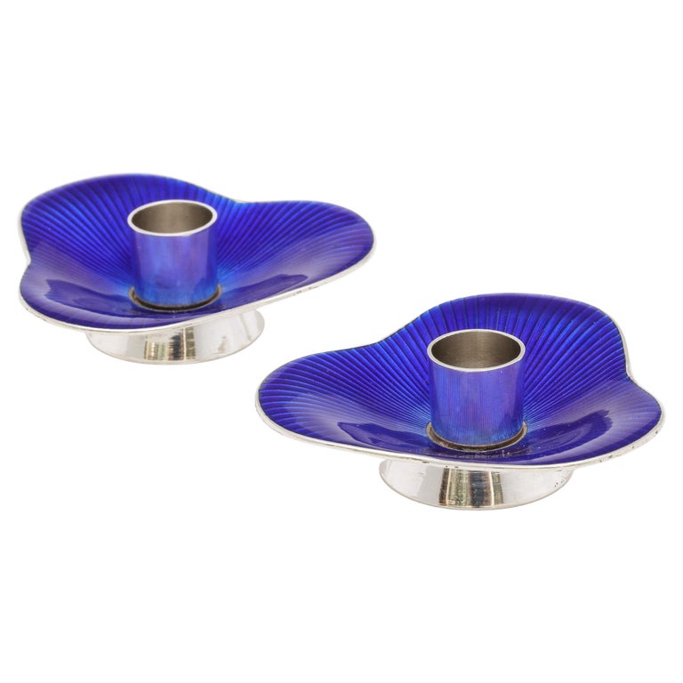Pair of Mid-Century Modern Sterling Silver and Cobalt Blue Enamel Candlesticks For Sale