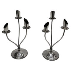 Pair of Mid-Century Modern Sterling Silver Stylized 3 Arm Candlesticks