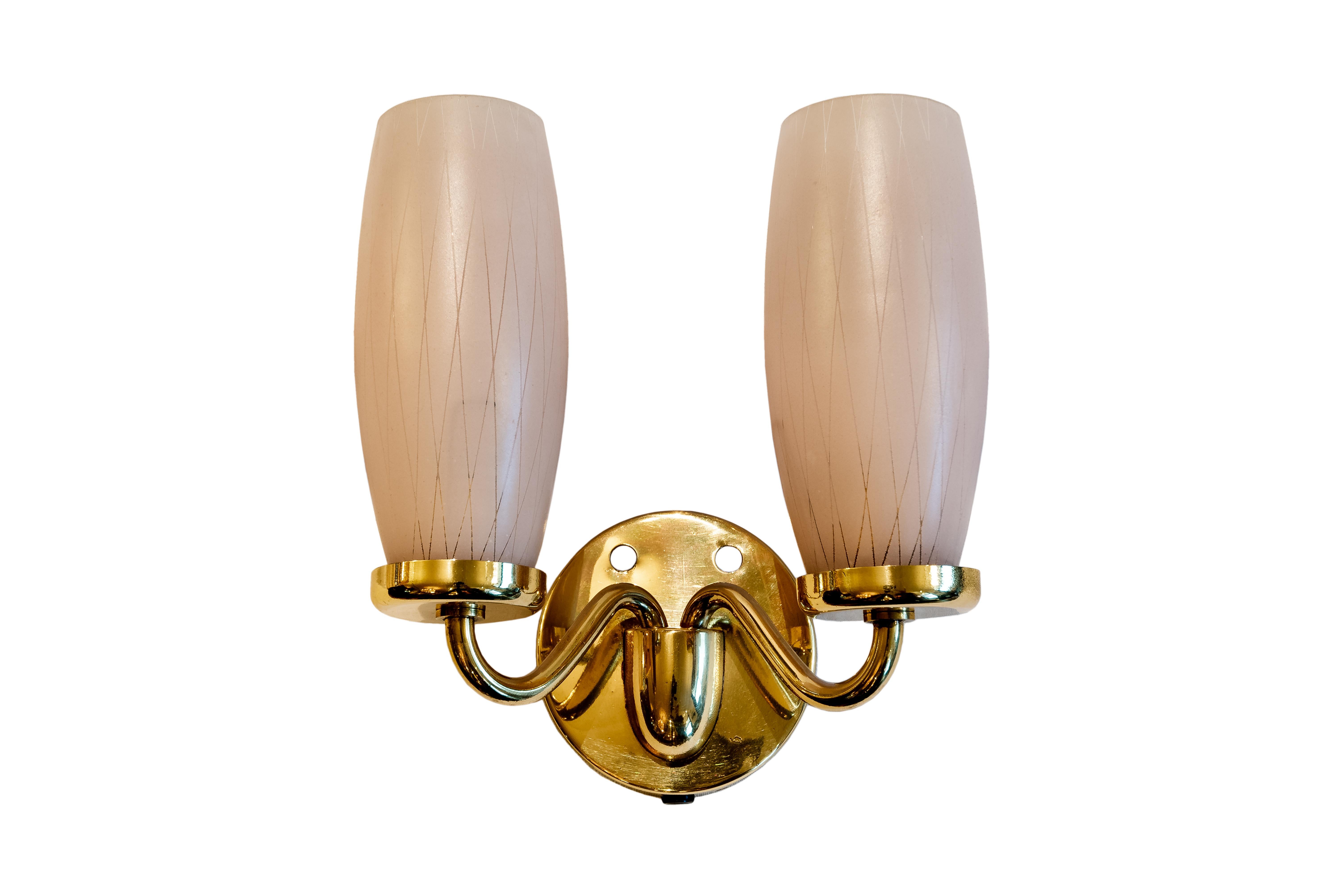 Italian Pair of Mid-Century Modern Stilnovo Style Brass, Blue and Pink Glass Wall Sconce