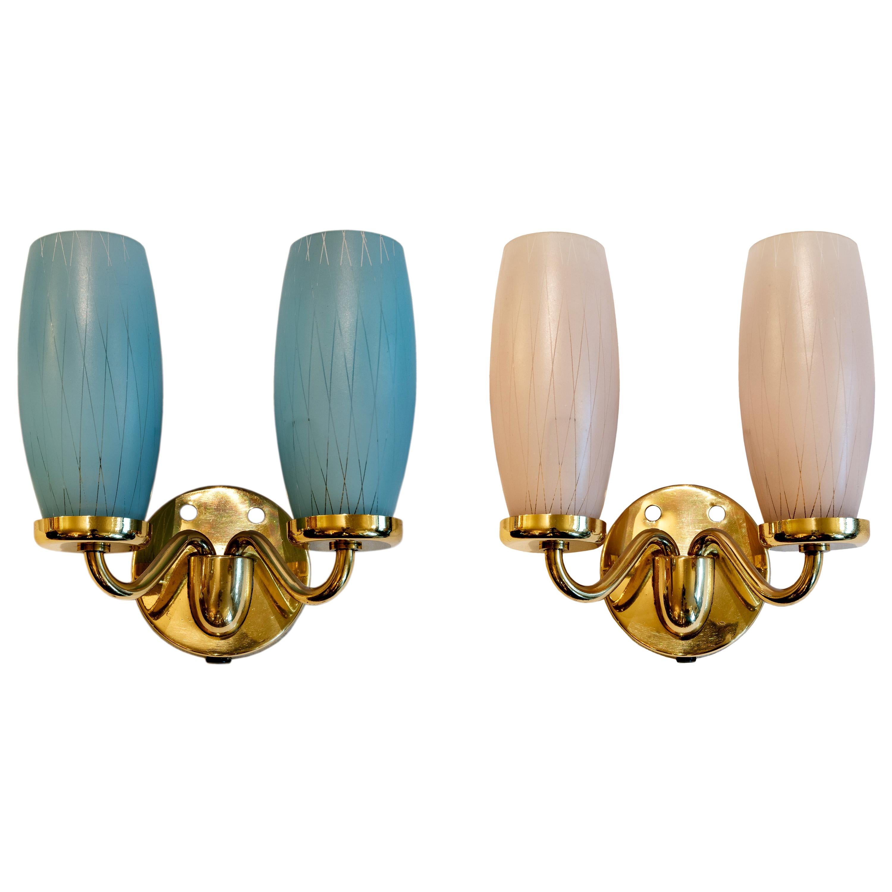 Pair of Mid-Century Modern Stilnovo Style Brass, Blue and Pink Glass Wall Sconce