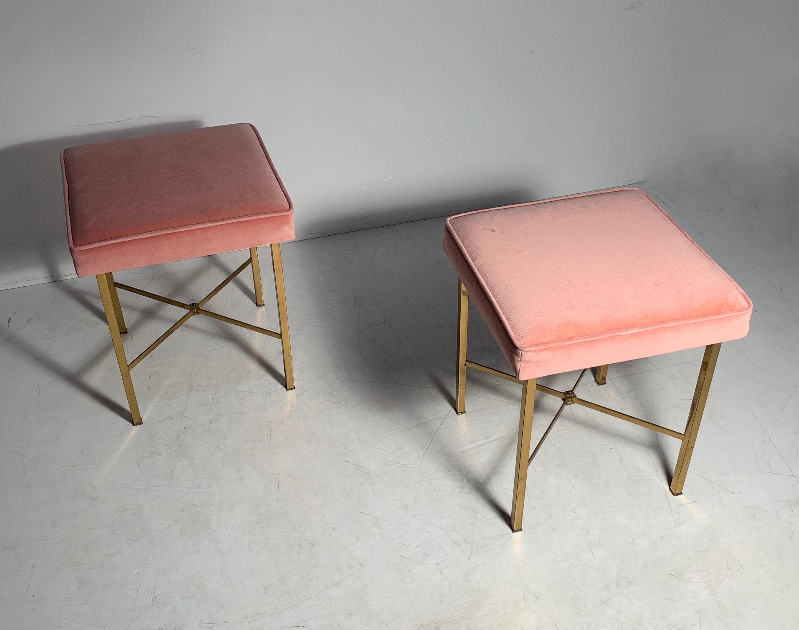 Pair of Mid-Century Modern stools in the manner of Paul McCobb. Could possibly be Italian.
Original pink fabric that was preserved under plastic. There is a spot (stain) on one of them though.