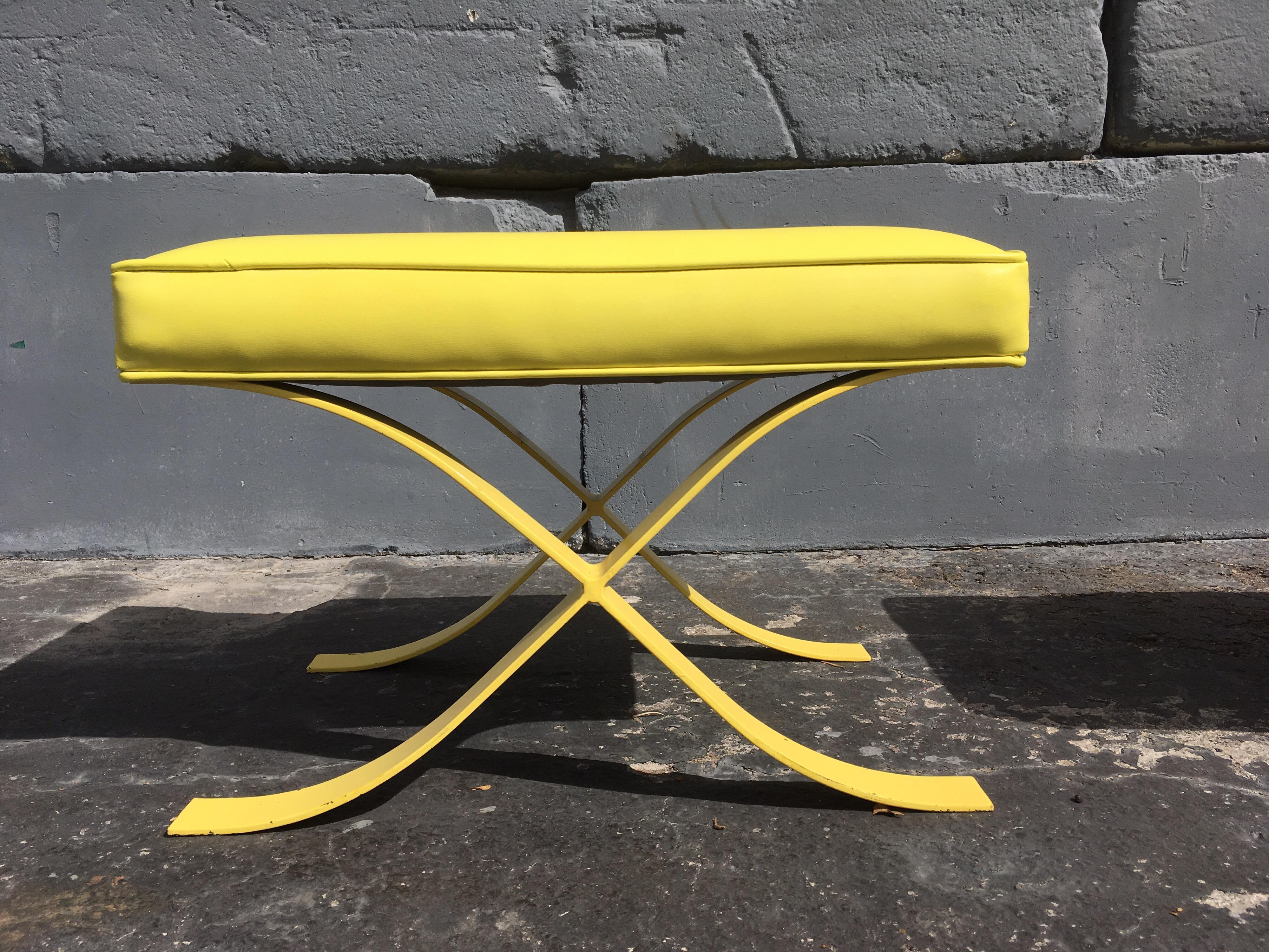 Pair of Mid-Century Modern Stools Ottomans Barcelona Style Yellow For Sale 3