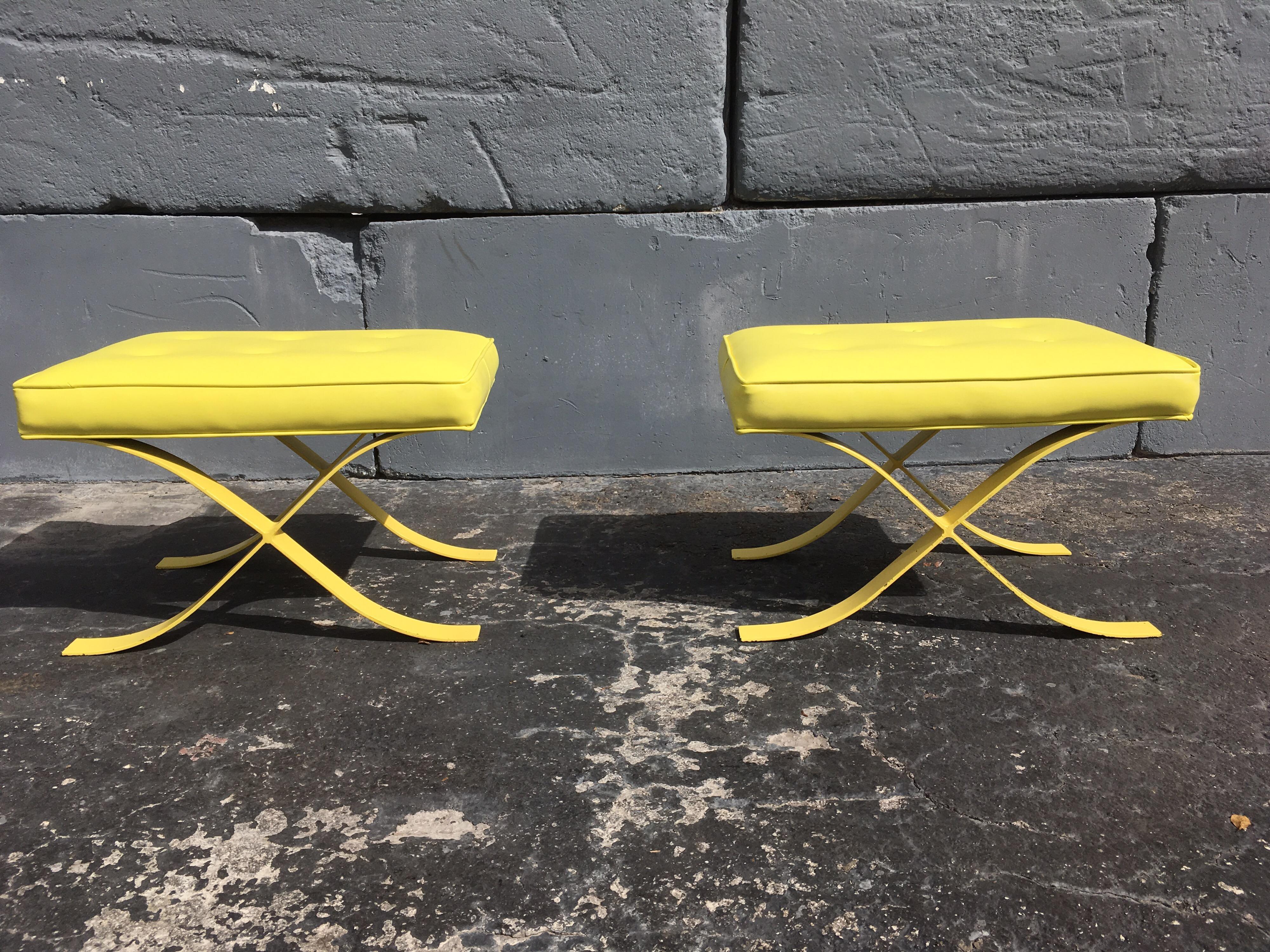 Pair of Mid-Century Modern Stools Ottomans Barcelona Style Yellow For Sale 4