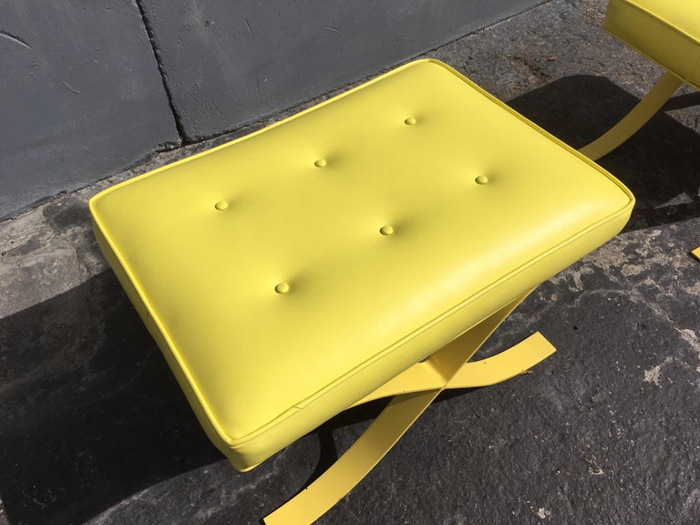 Pair of MidCentury Modern Stools Ottomans Barcelona Style Yellow For
