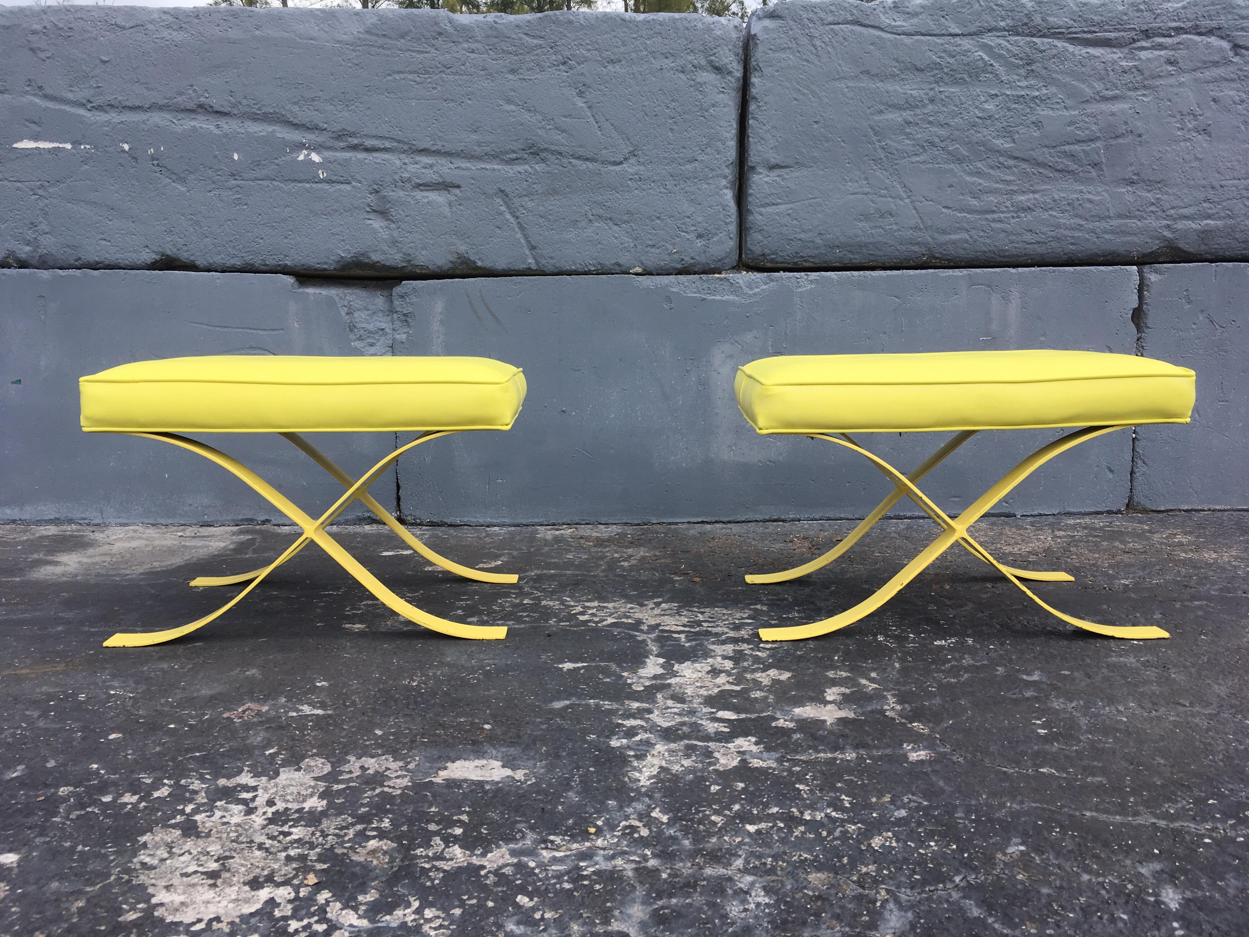 Pair of Mid-Century Modern Stools Ottomans Barcelona Style Yellow For Sale 6